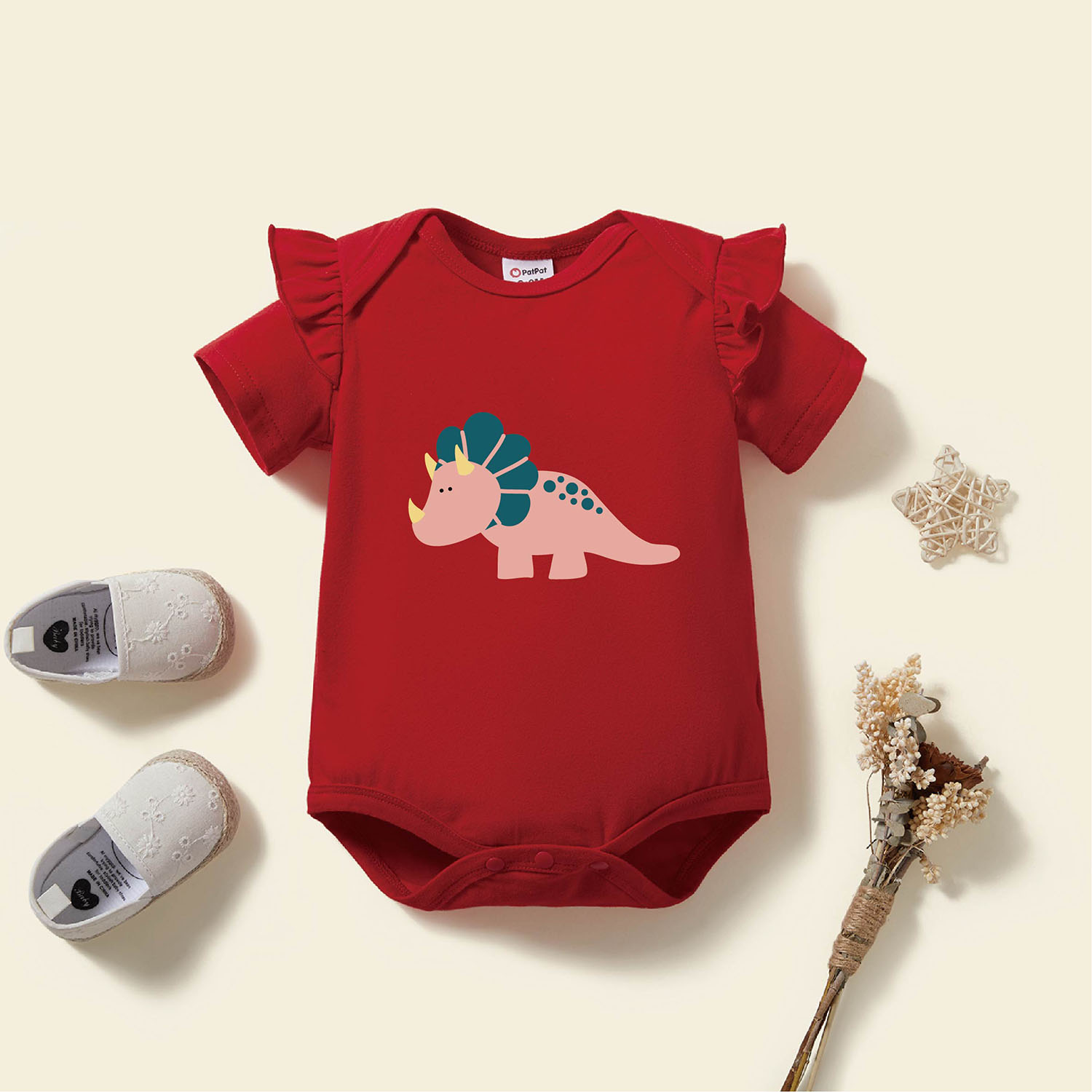 

Baby Graphic Flutter-sleeve Red Short-sleeve Romper