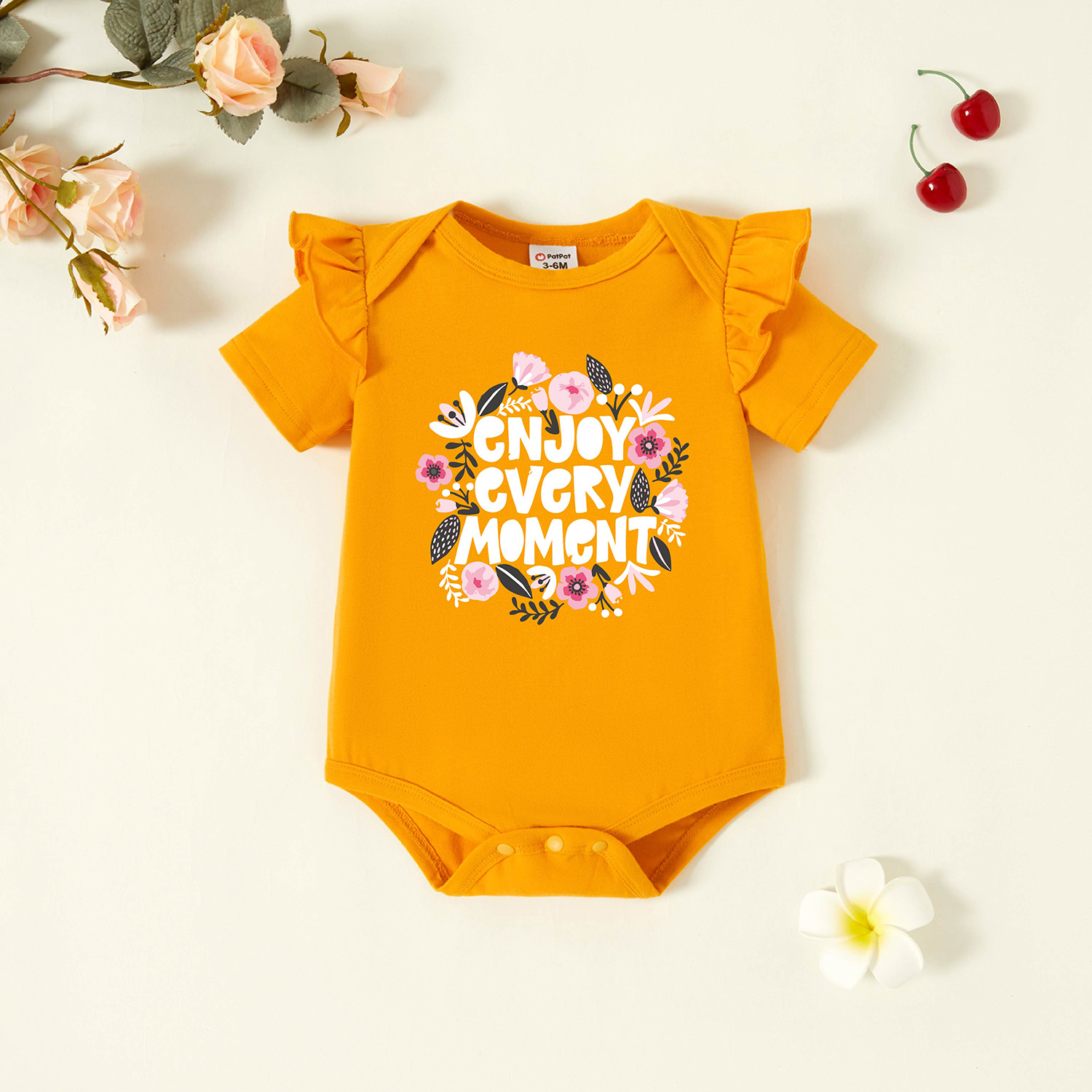 

Baby Girl Graphic Floral and Letter Print Ruffled Short-sleeve Romper