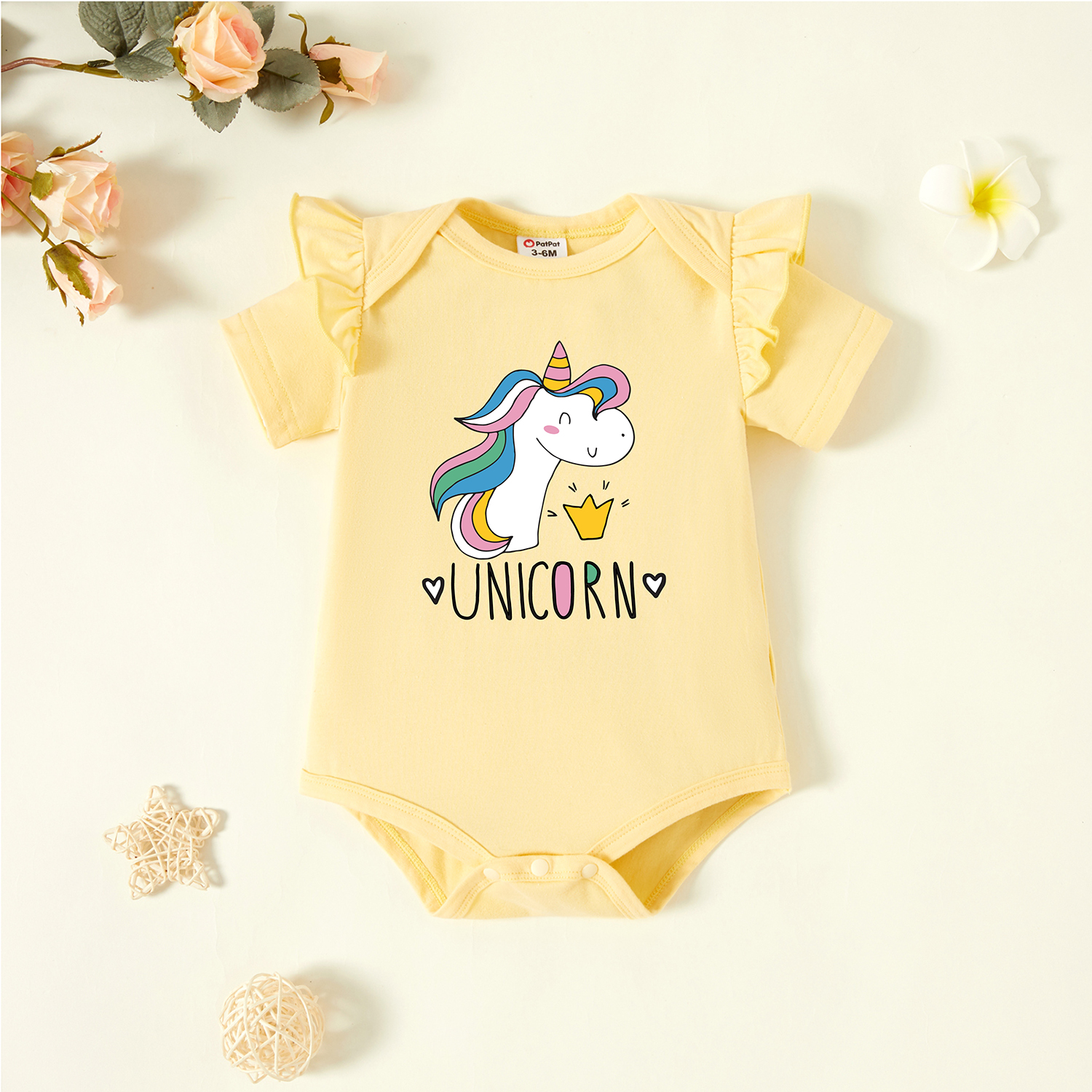 

Baby Girl Graphic Unicorn and Letter Print Ruffled Short-sleeve Romper
