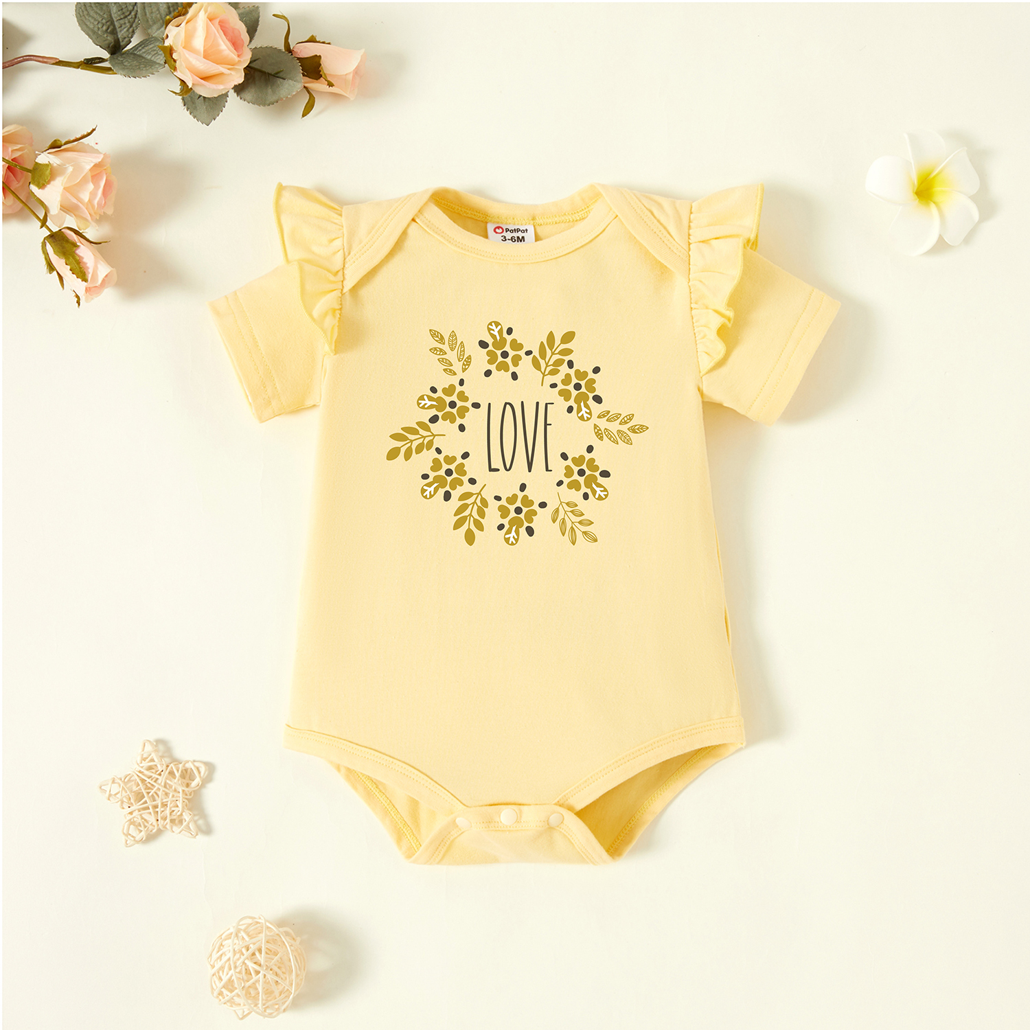

Baby Graphic Flutter-sleeve Beige Short-sleeve Romper
