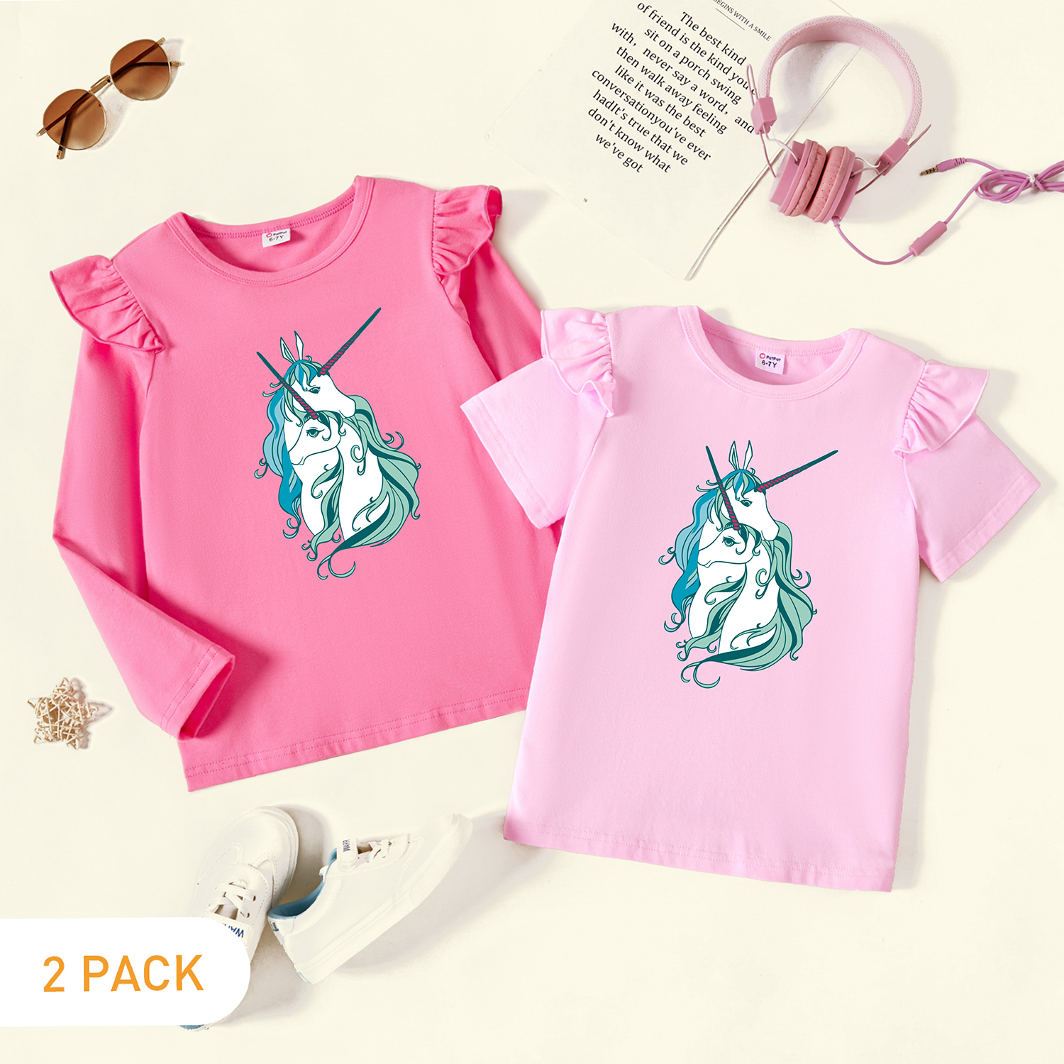 

2-Pack Kids Girl Graphic Flutter-sleeve Tee Set