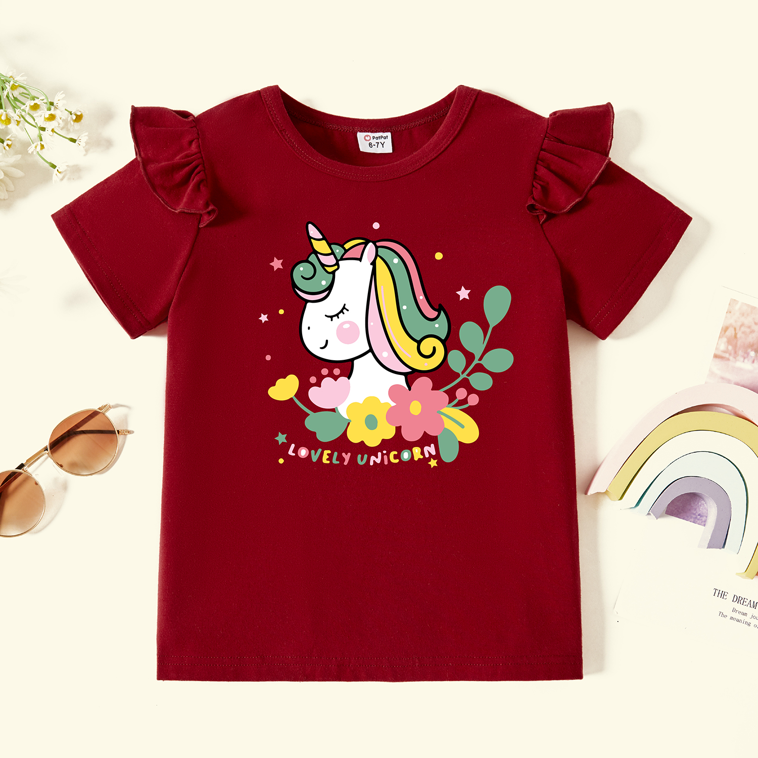 

Kid Girl Graphic Floral and Unicorn and Letter Print Ruffled Short-sleeve Tee