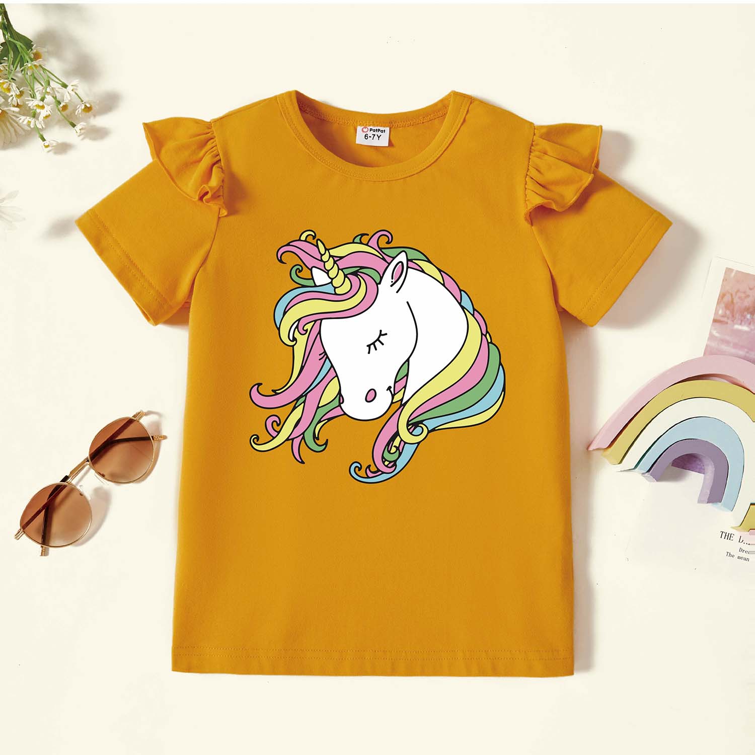 

Kid Girl Graphic Unicorn Print Ruffled Short-sleeve Tee