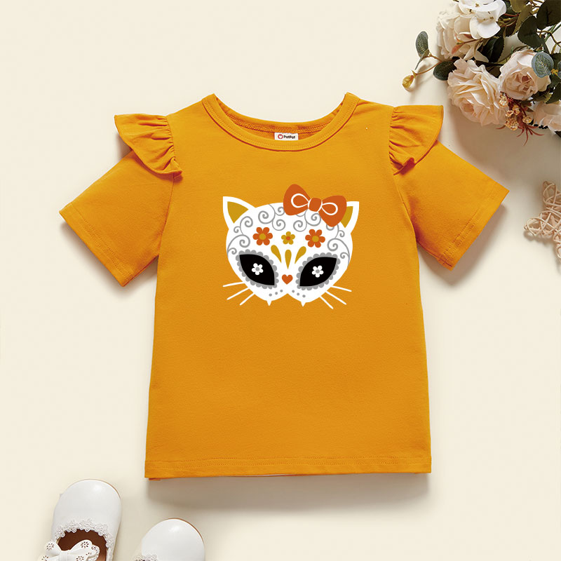 

Toddler Girl Graphic Cat Print Ruffled Short-sleeve Tee