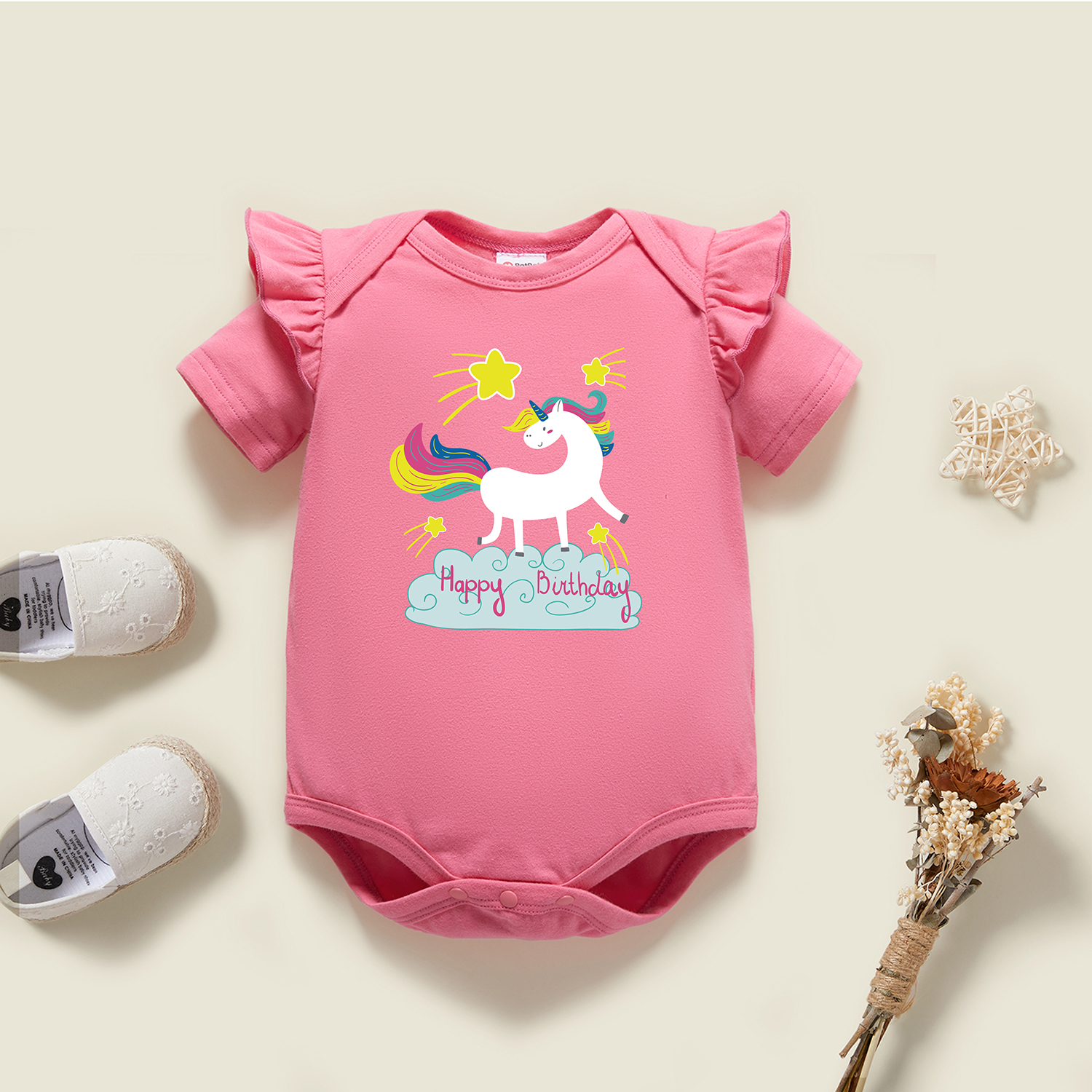 

Baby Graphic Flutter-sleeve Deep pink Short-sleeve Romper