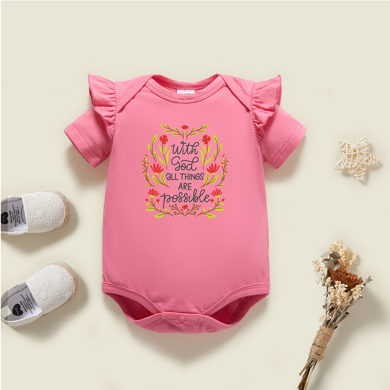 

Baby Graphic Flutter-sleeve Deep pink Short-sleeve Romper