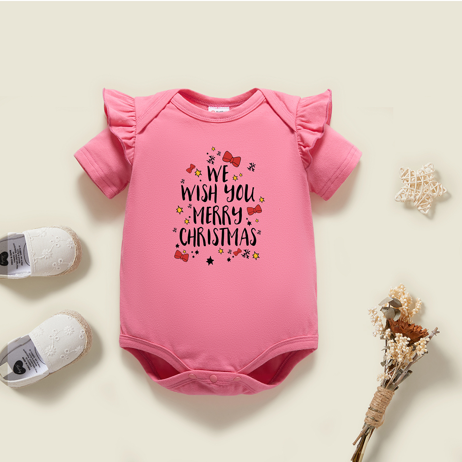 

Baby Graphic Flutter-sleeve Deep pink Short-sleeve Romper