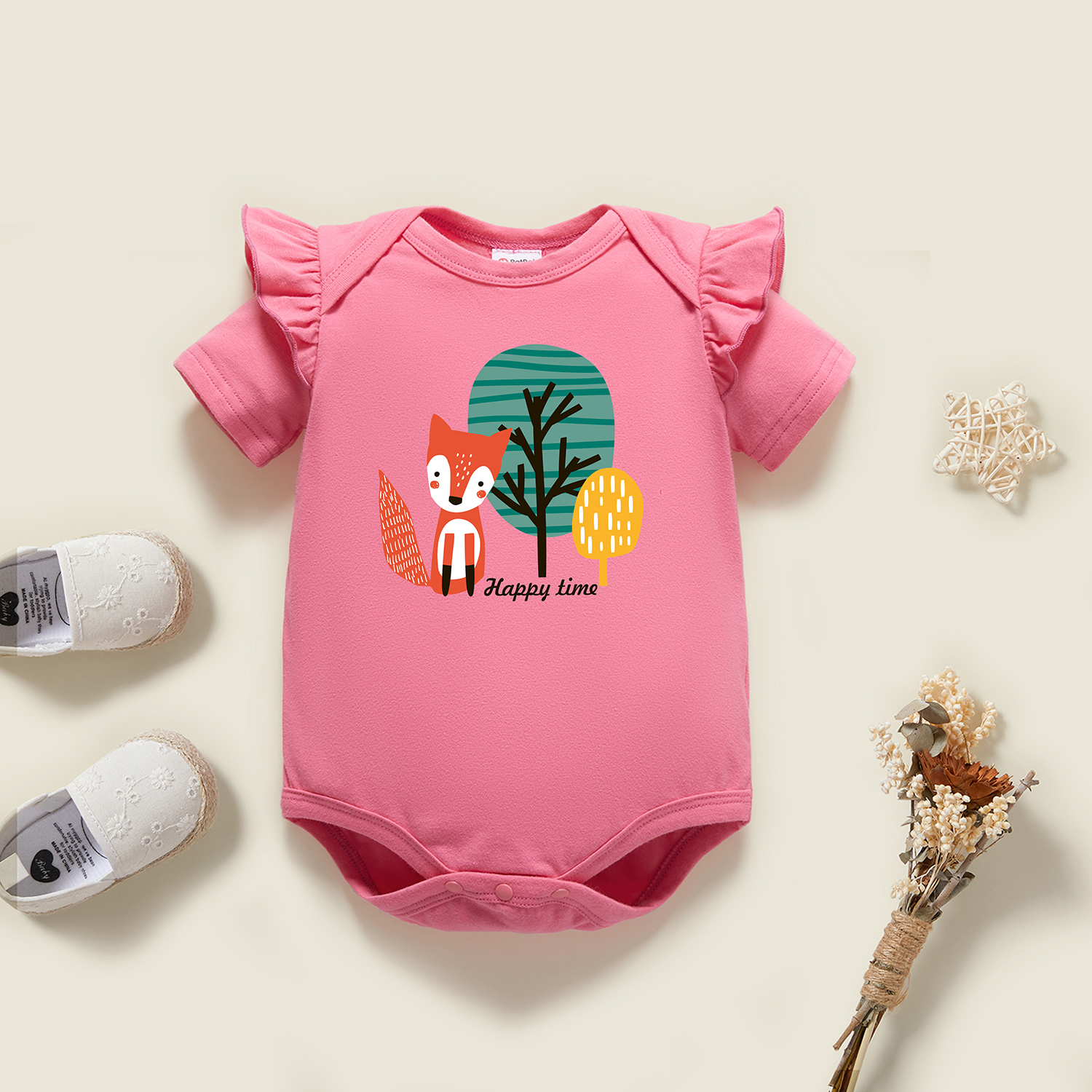 

Baby Graphic Flutter-sleeve Deep pink Short-sleeve Romper