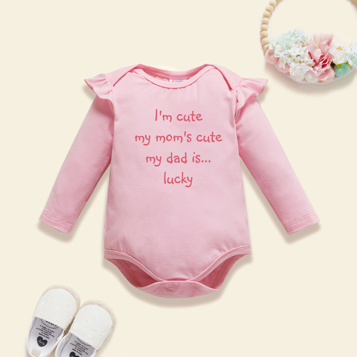 

Baby Girl Graphic Letter Print Ruffled Long-sleeve Romper