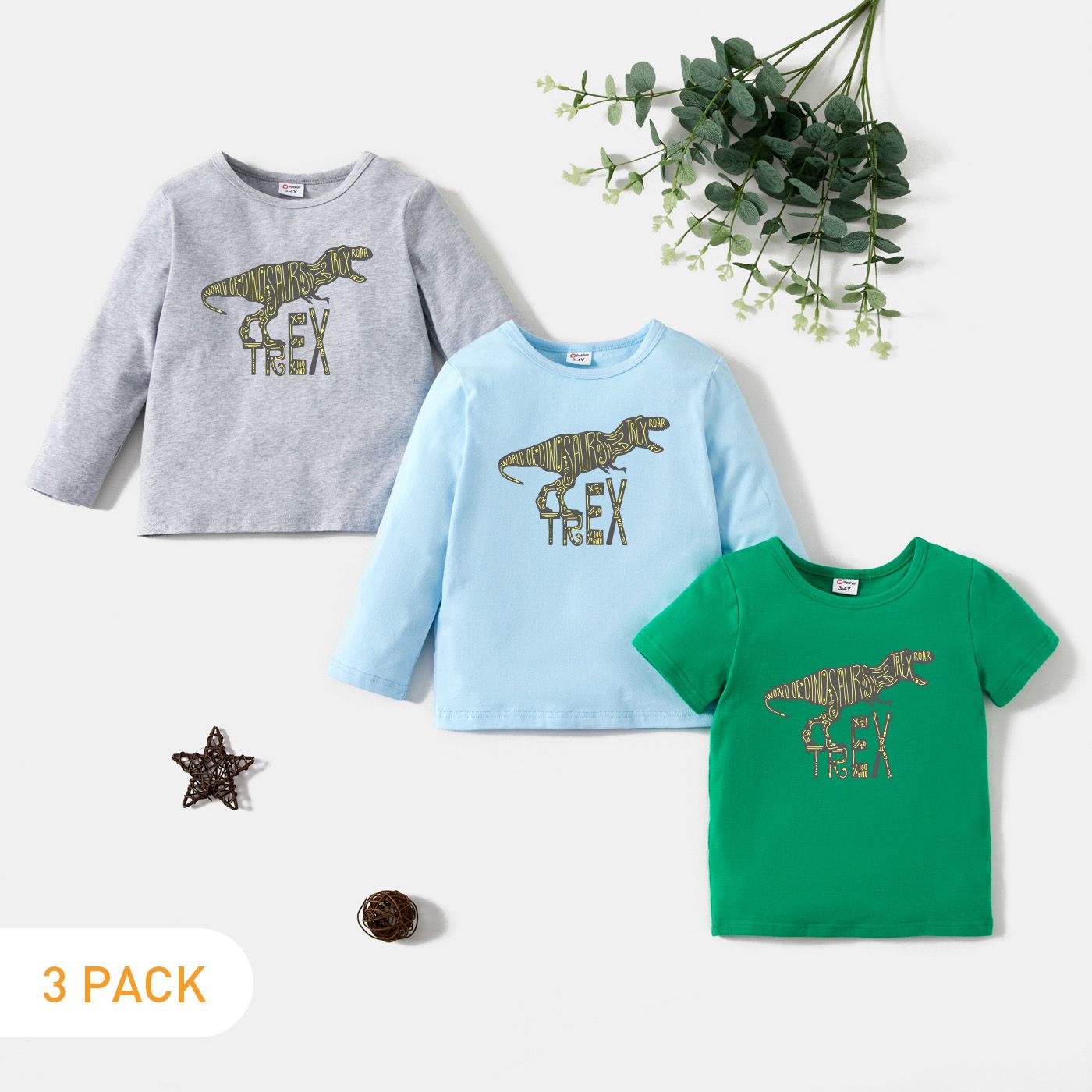 

3-Pack Toddler Boy Graphic Dinosaur and Letter Print Long-sleeve & Short-sleeve Tee Set