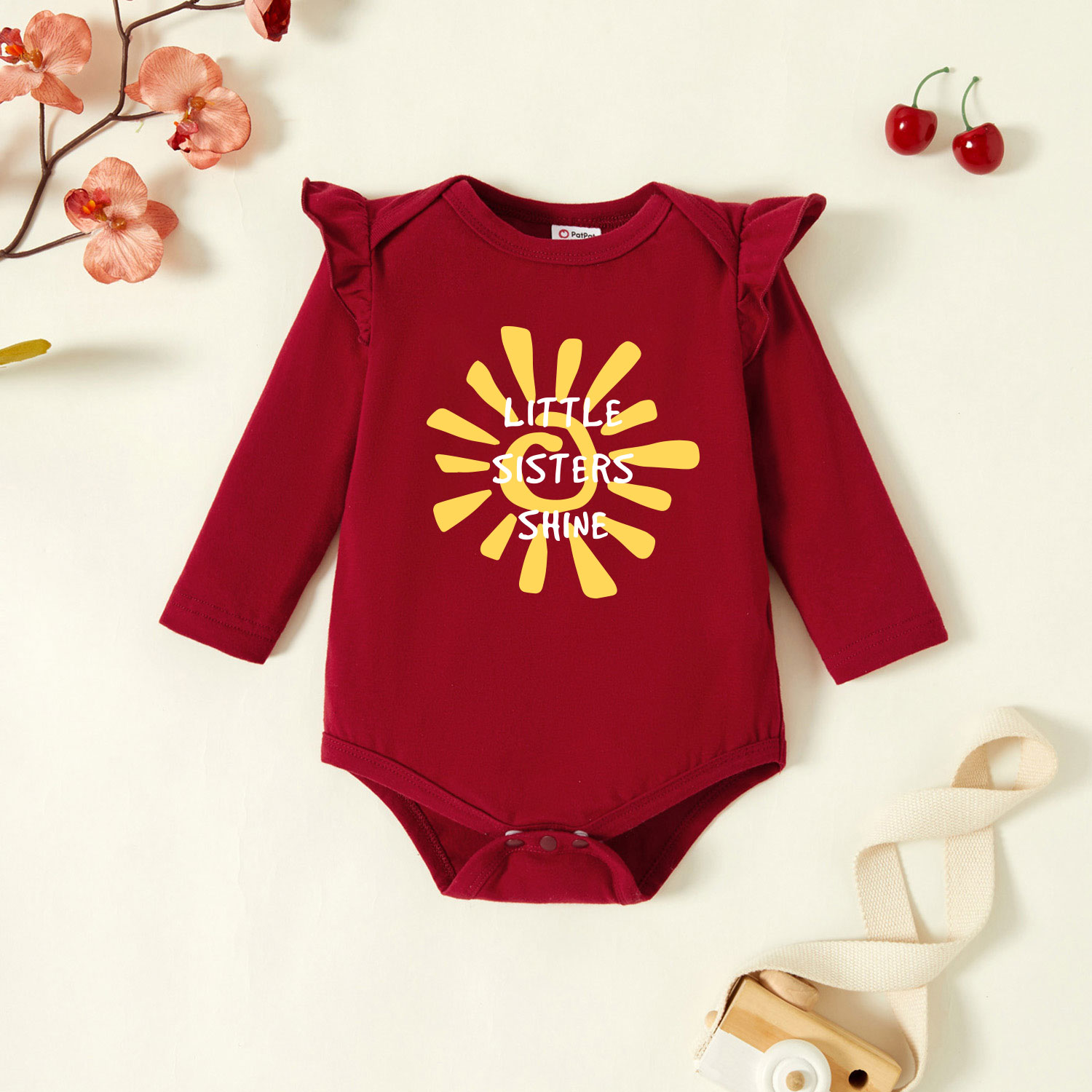 

Baby Graphic Flutter-sleeve Burgundy Long-sleeve Romper