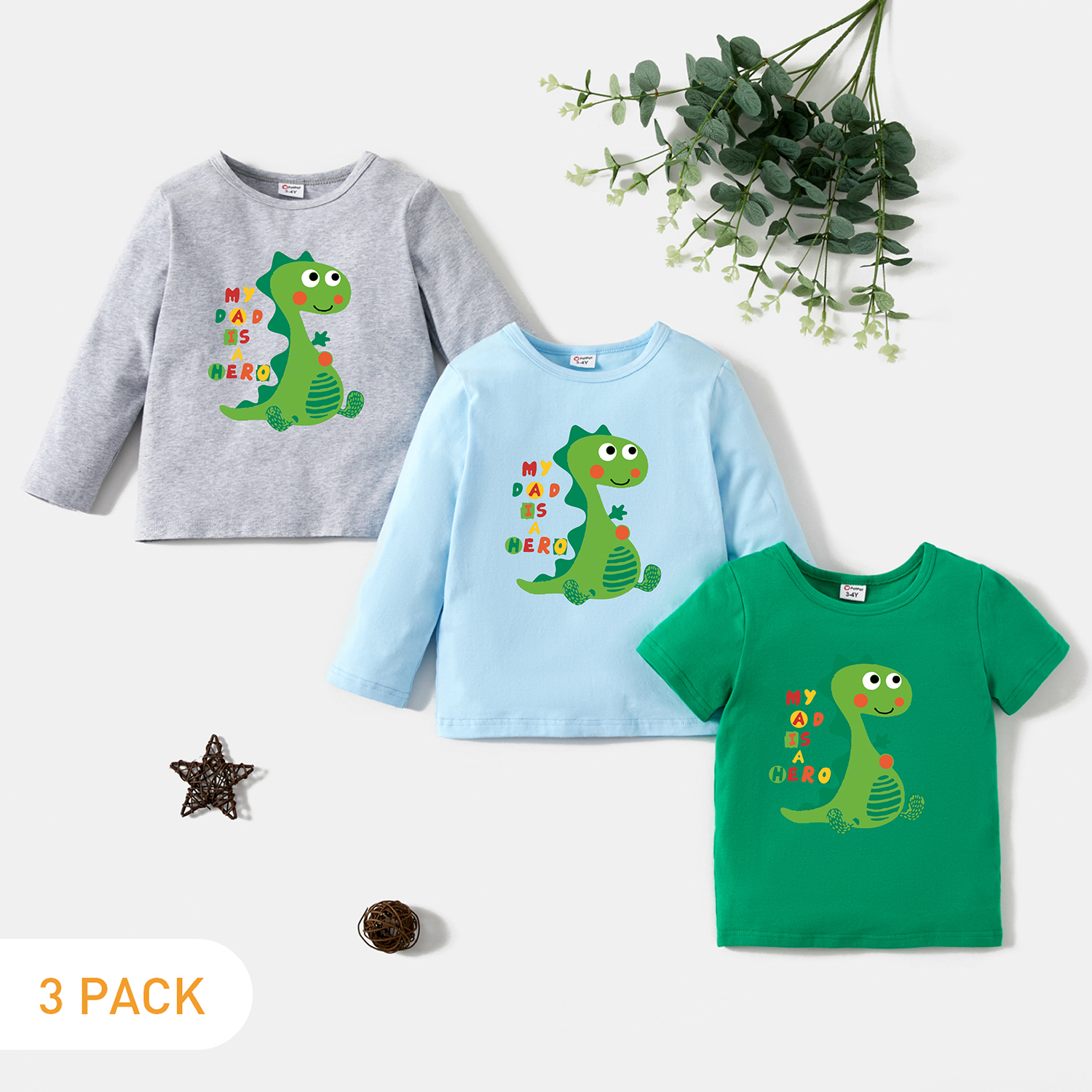 

3-Pack Toddler Graphic Dinosaur and Letter Print Long-sleeve & Short-sleeve Tee Set