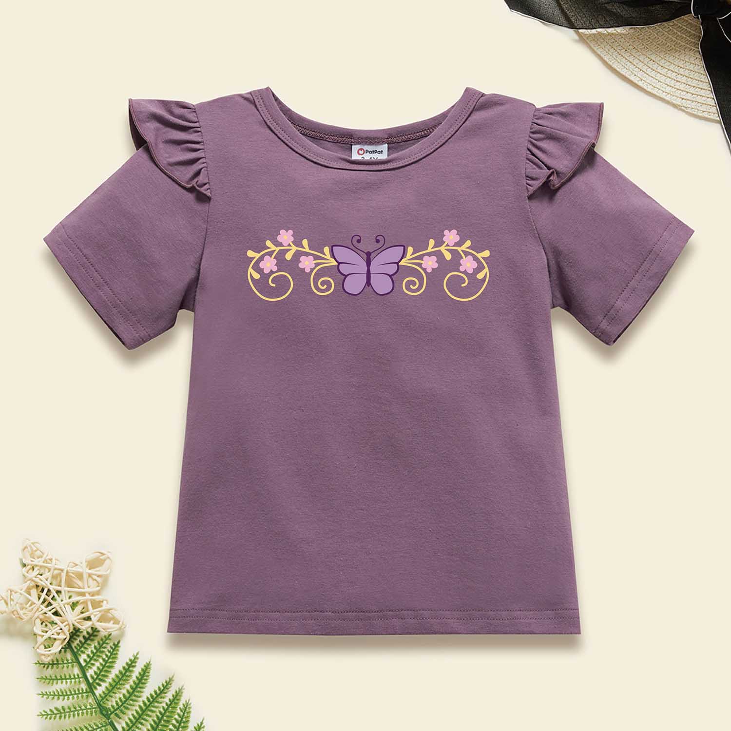 

Toddler Girl Graphic Butterfly and Floral Print Ruffled Short-sleeve Tee