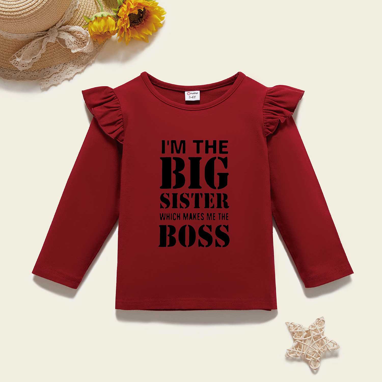 

Toddler Girl Graphic Letter Print Ruffled Long-sleeve Tee