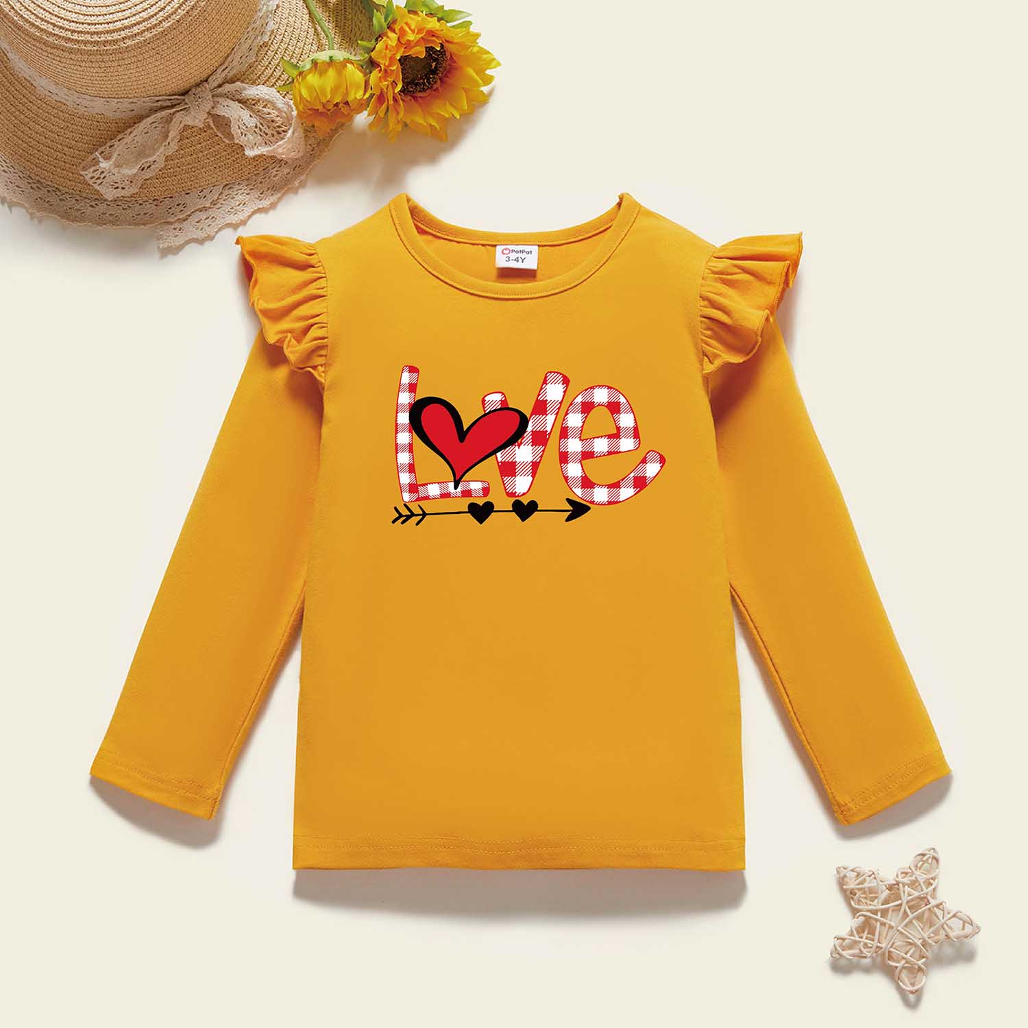 

Toddler Girl Graphic Heart and Letter Print Ruffled Long-sleeve Tee