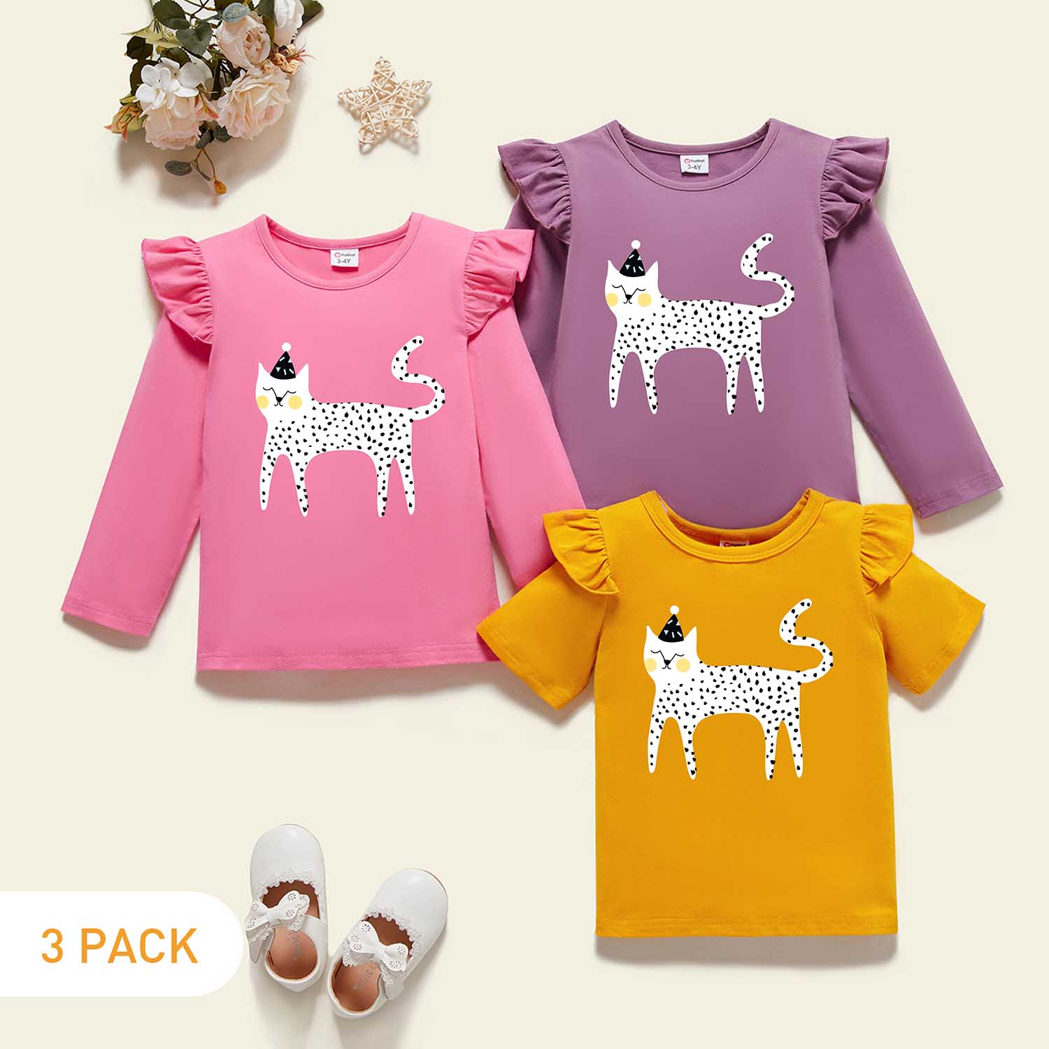 

3-Pack Toddler Girl Graphic Cat Print Ruffled Long-sleeve & Short-sleeve Tee Set