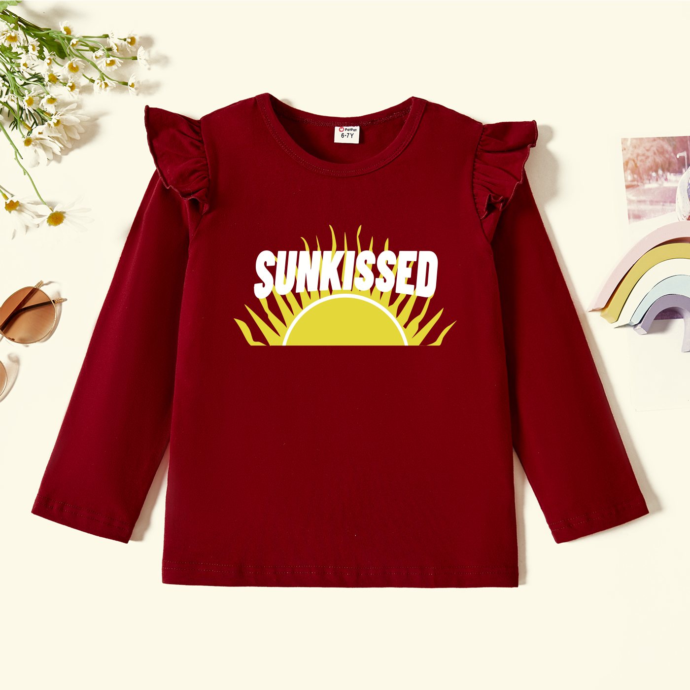 

Toddler Graphic Flutter-sleeve Burgundy Long-sleeve Tee