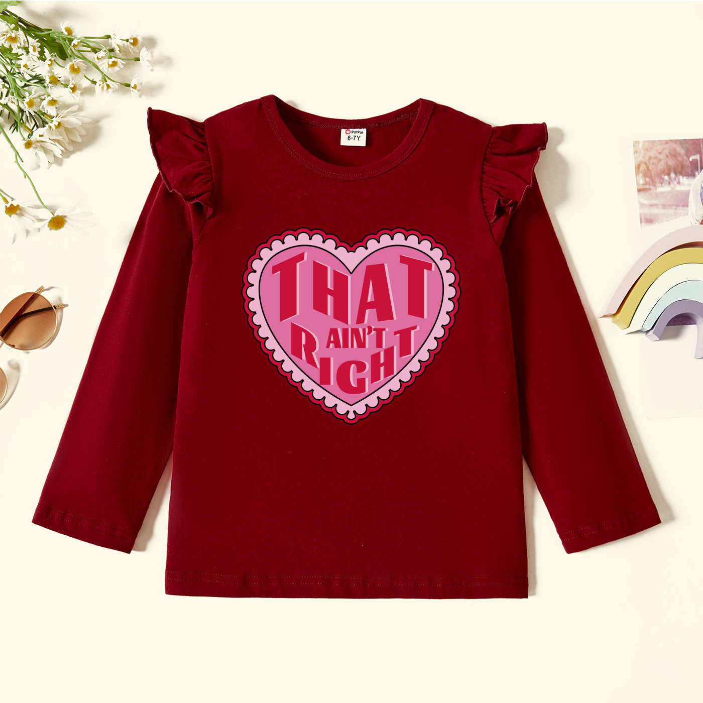 

Toddler Graphic Flutter-sleeve Burgundy Long-sleeve Tee