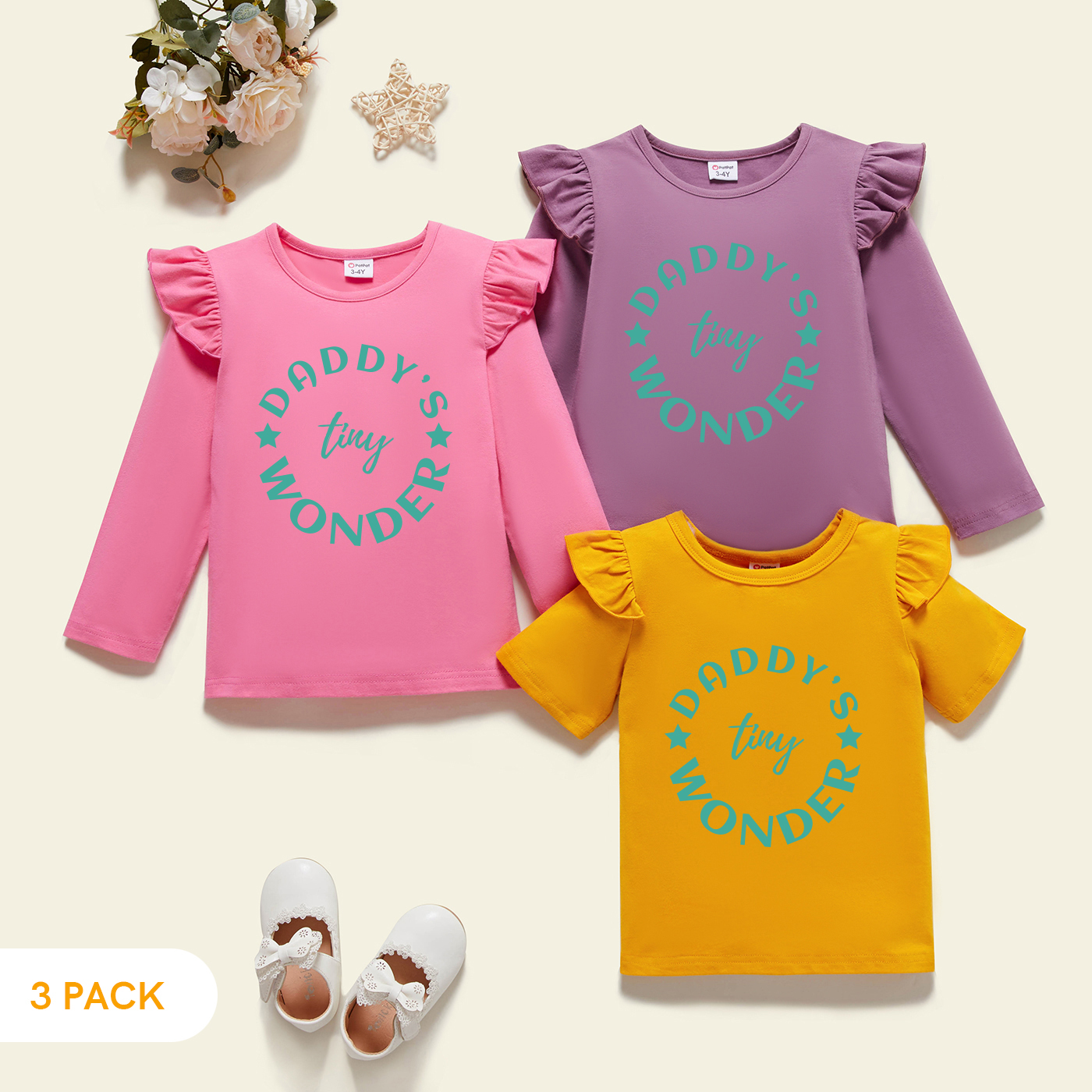 

3-Pack Toddler Girl Graphic Flutter-sleeve Tee Set