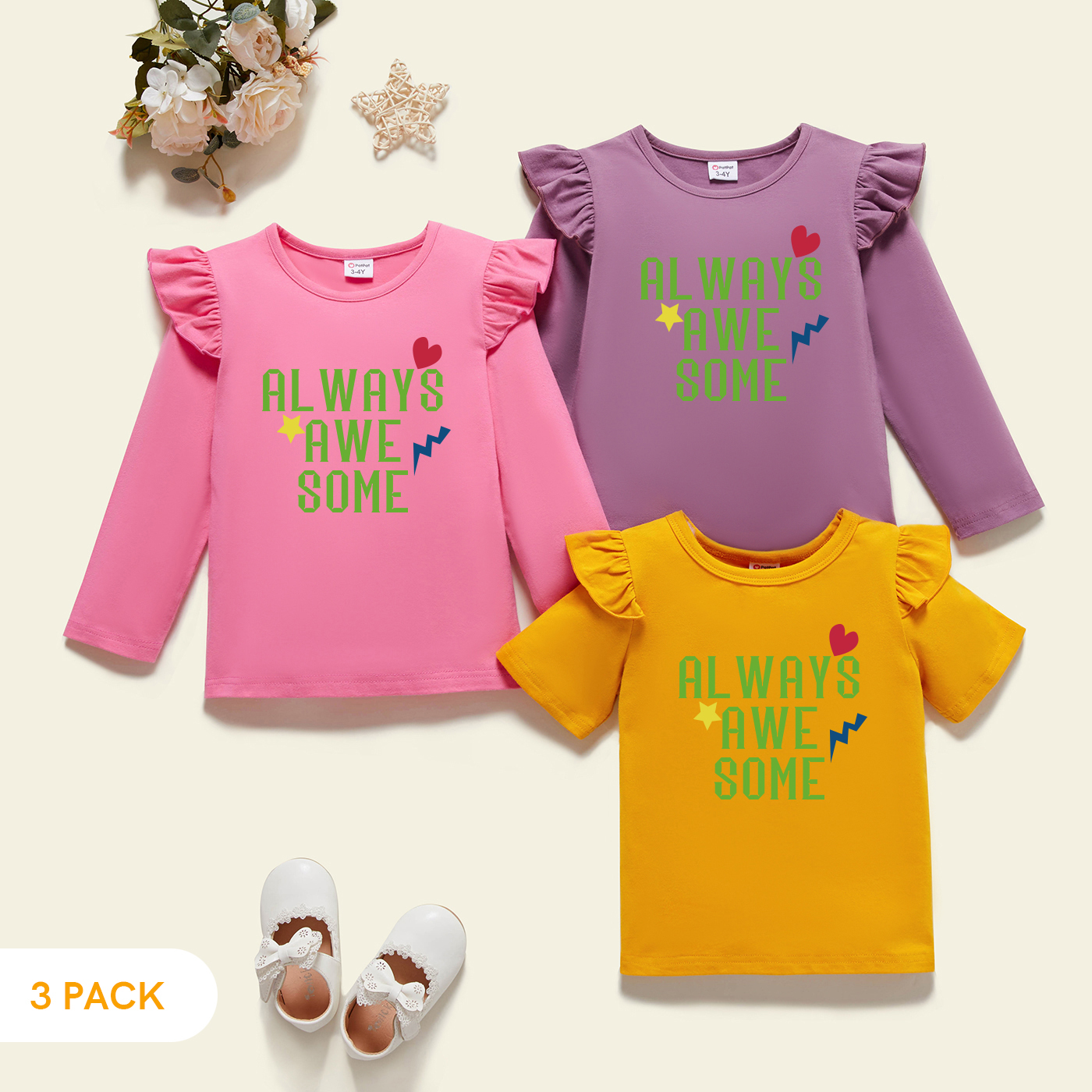 

3-Pack Toddler Girl Graphic Flutter-sleeve Tee Set