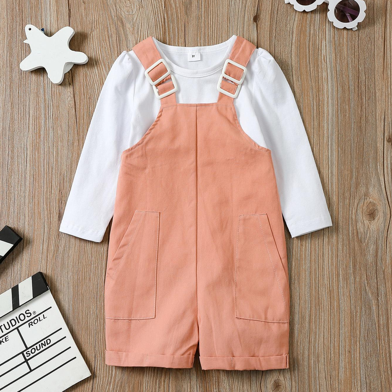 

2-piece Toddler Girl Solid Long-sleeve T-shirt and Overalls with Pocket Set
