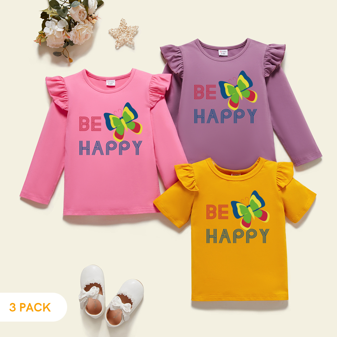 

3-Pack Toddler Girl Graphic Flutter-sleeve Tee Set