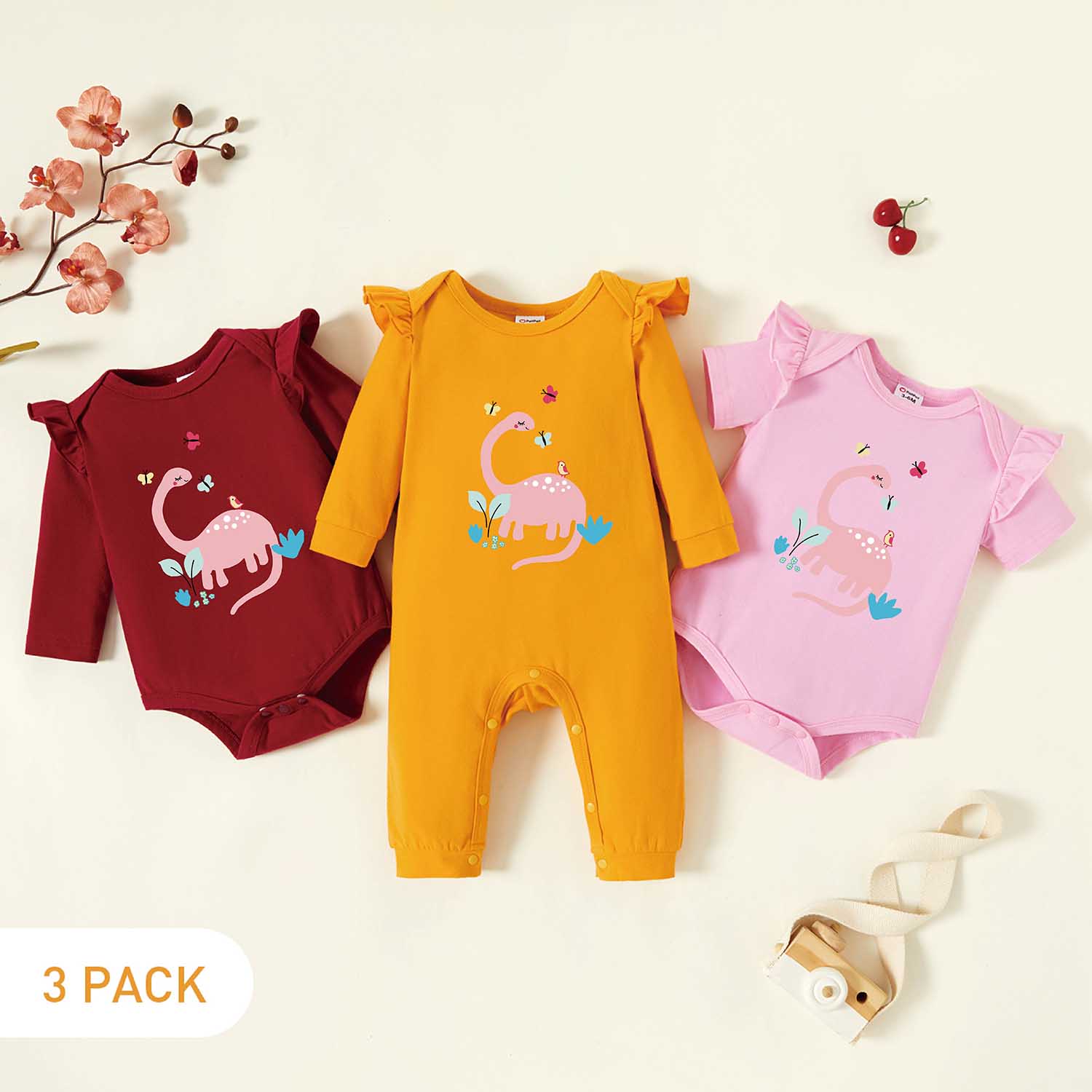 

3-Pack Baby Graphic Flutter-sleeve Romper and Jumpsuit Set
