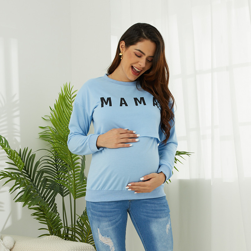 

Maternity Letter Print Round Neck Long-sleeve Pullover
