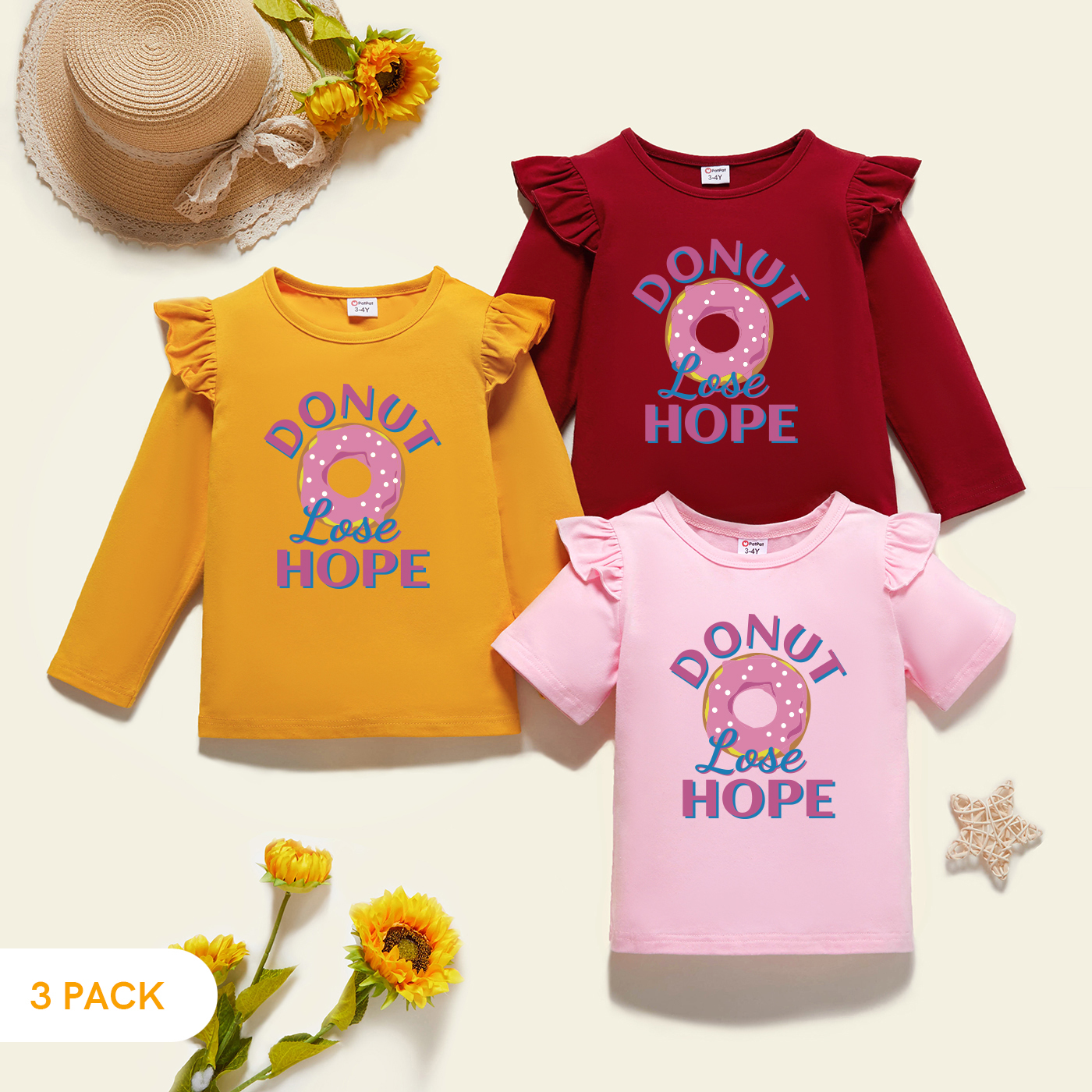 

3-Pack Toddler Girl Graphic Flutter-sleeve Tee Set