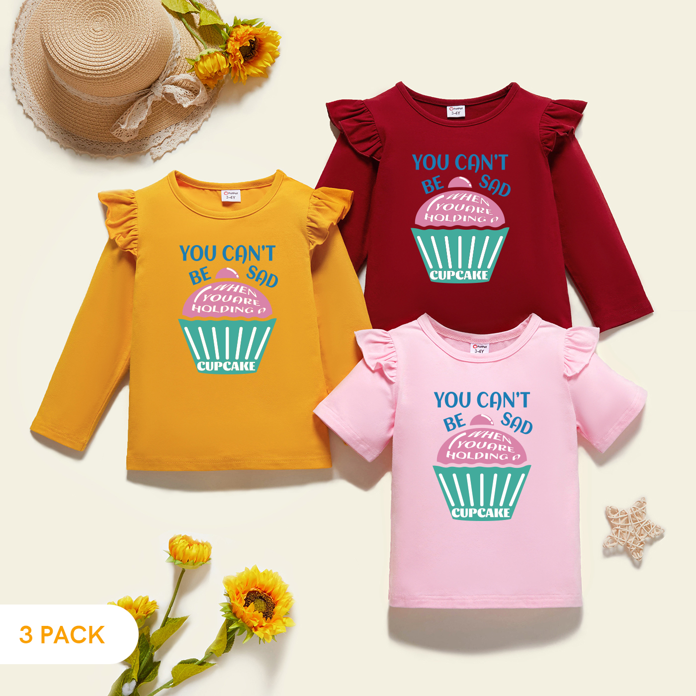 

3-Pack Toddler Girl Graphic Flutter-sleeve Tee Set