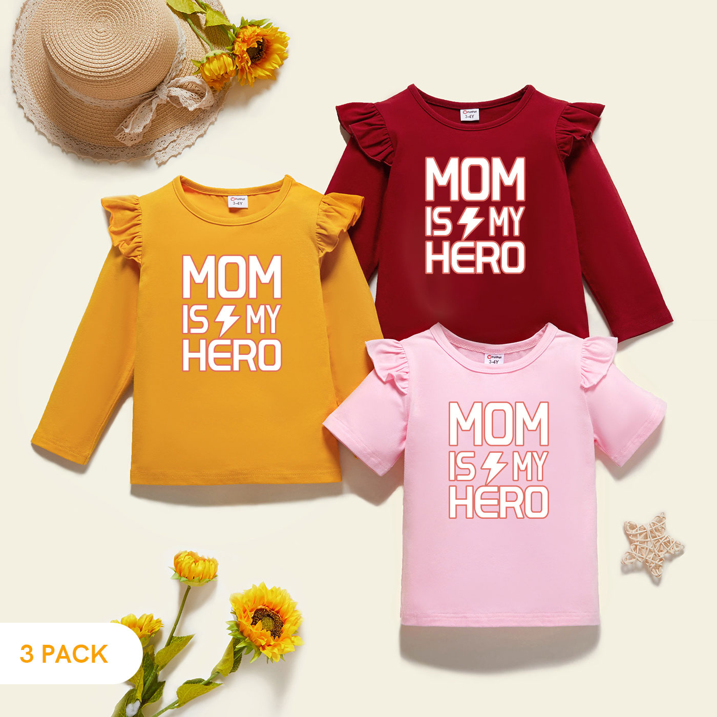 

3-Pack Toddler Girl Graphic Letter Print Ruffled Tee Set