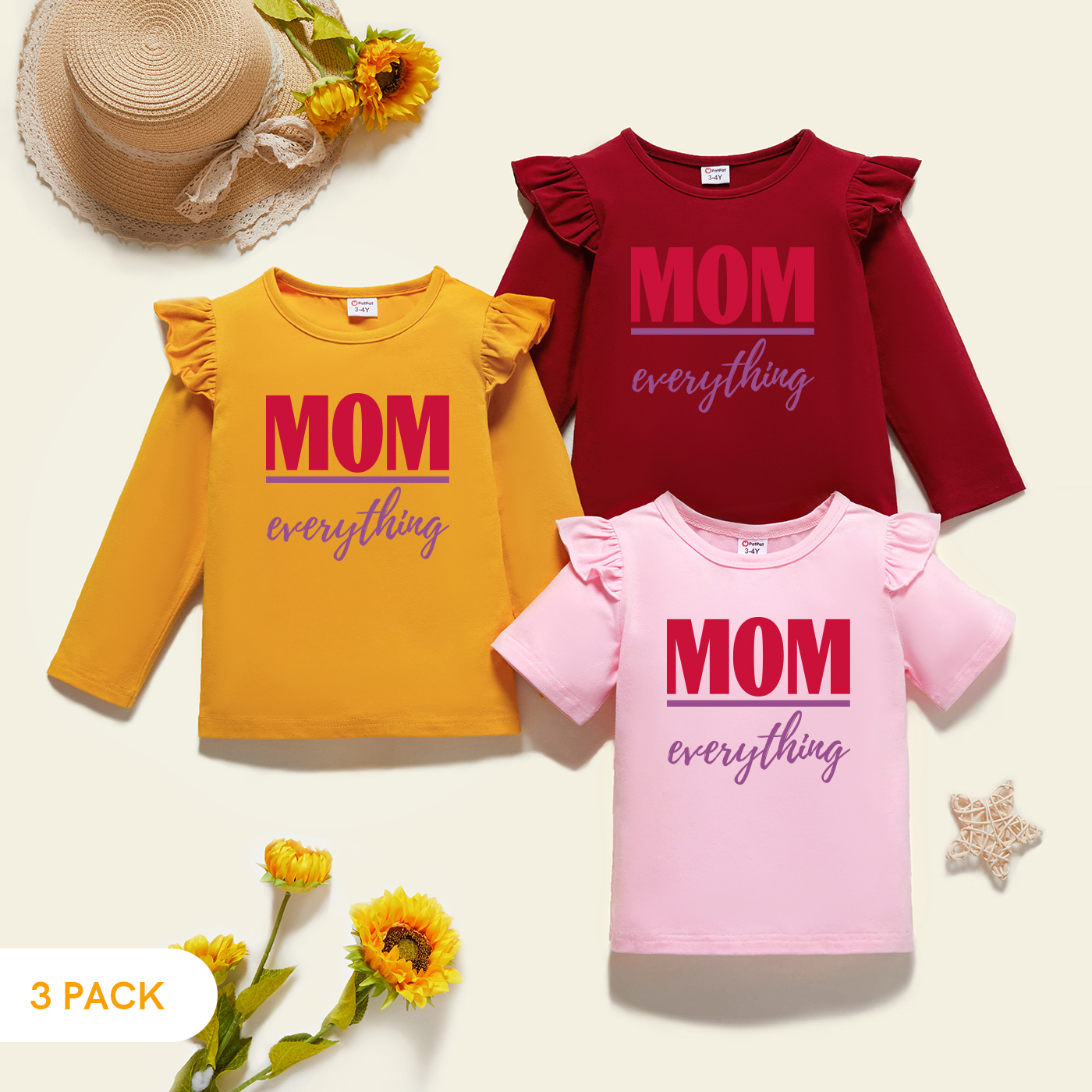 

3-Pack Toddler Girl Graphic Flutter-sleeve Tee Set