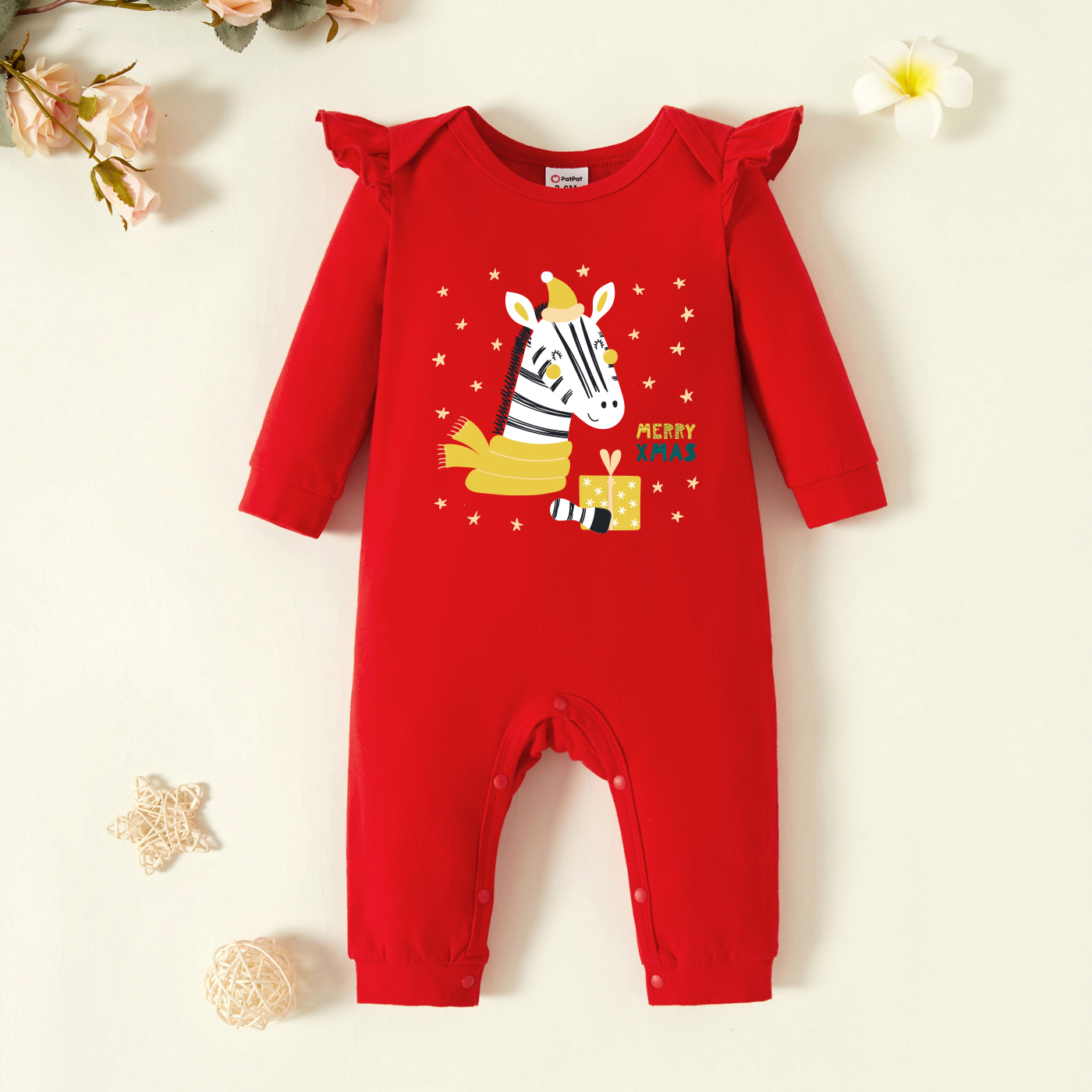 

Baby Graphic Flutter-sleeve Red Long-sleeve Jumpsuit