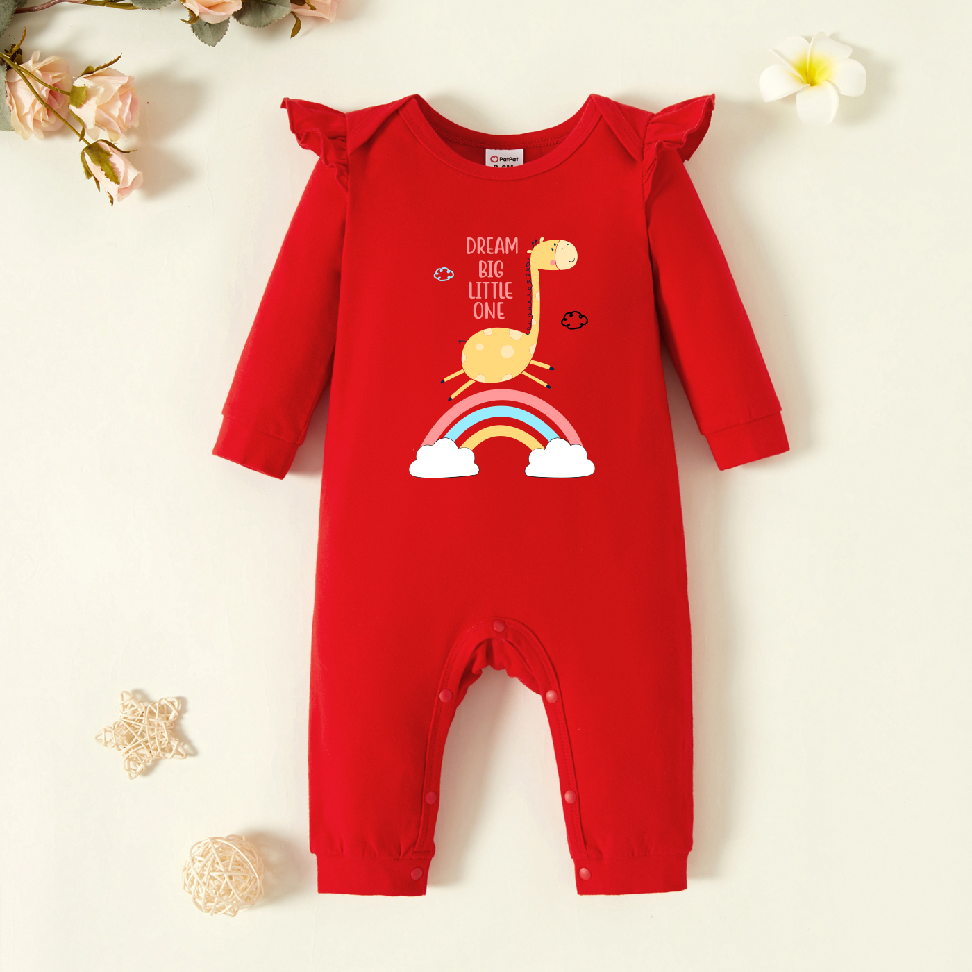 

Baby Graphic Flutter-sleeve Red Long-sleeve Jumpsuit