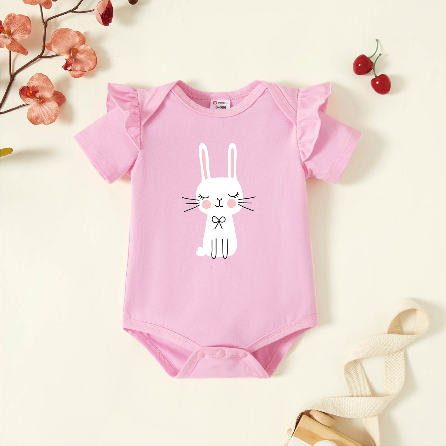 

Baby Girl Graphic Rabbit Print Ribbed Short-sleeve Romper