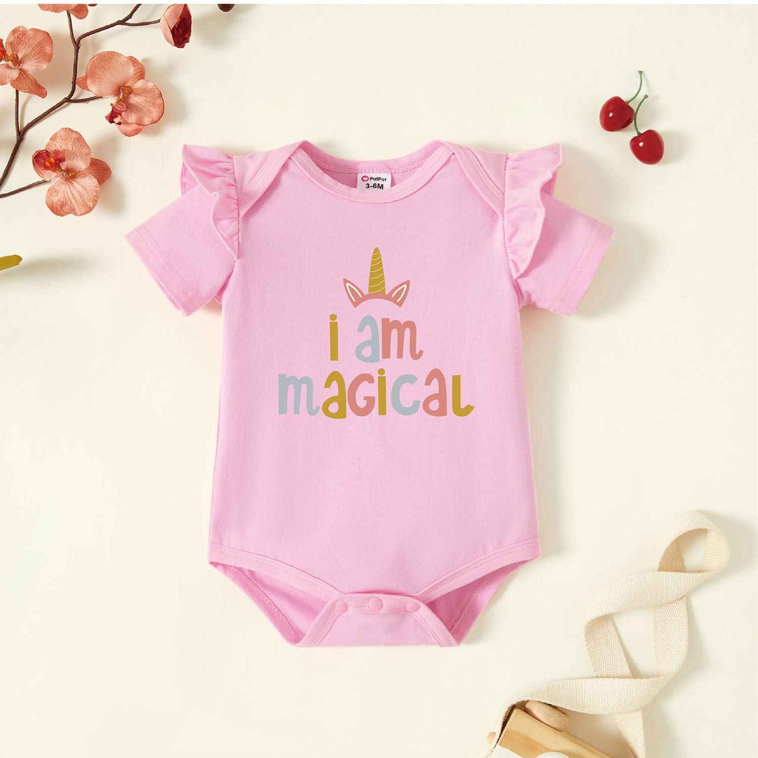 

Baby Graphic Flutter-sleeve Light pink Short-sleeve Romper