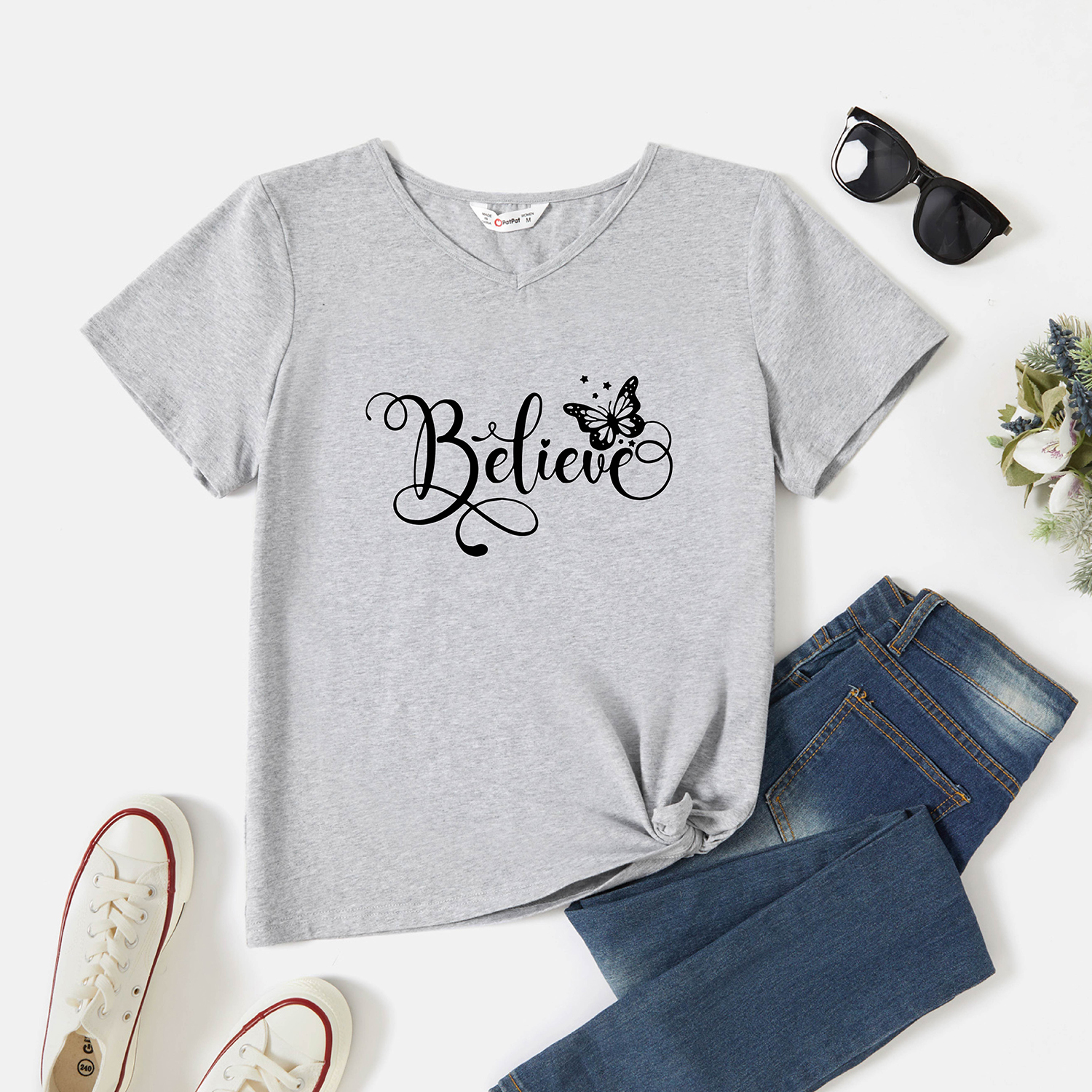 

Women Graphic Butterfly and Letter Print V Neck Short-sleeve Tee