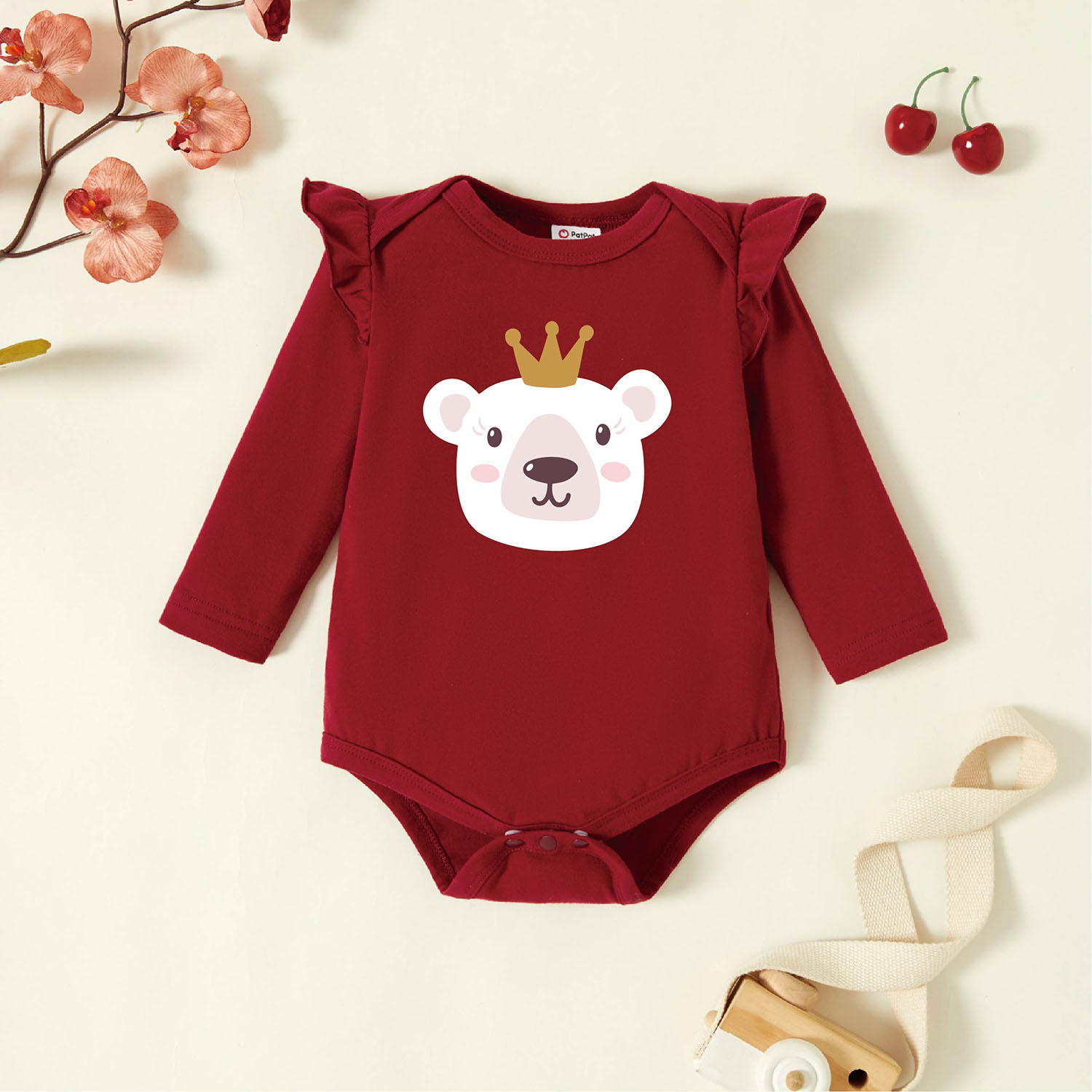 

Baby Graphic Flutter-sleeve Burgundy Long-sleeve Romper