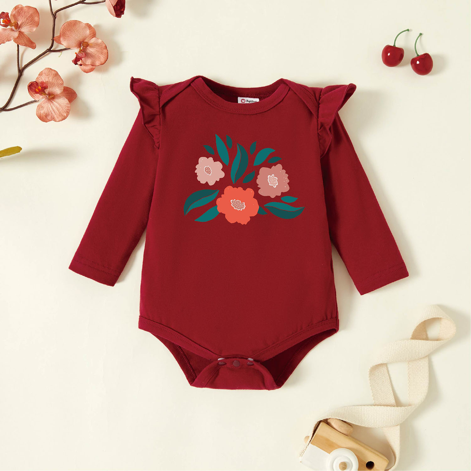 

Baby Graphic Flutter-sleeve Burgundy Long-sleeve Romper