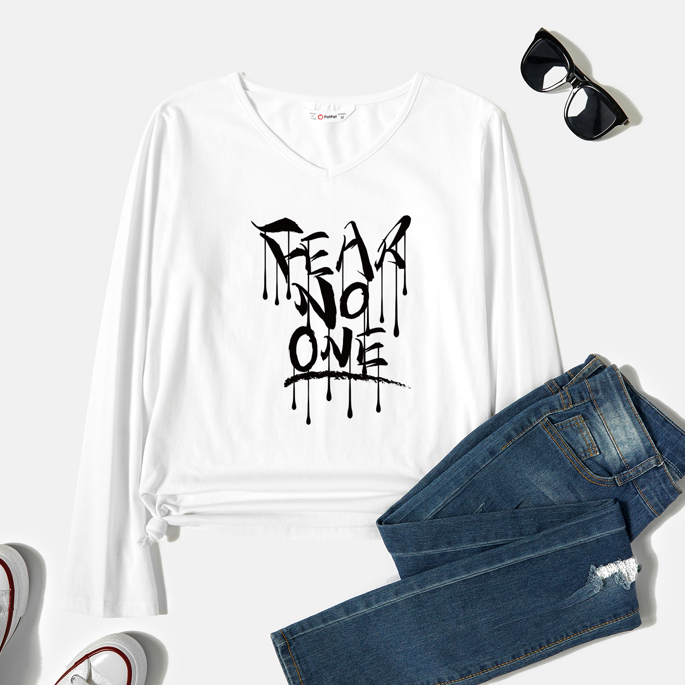 

Graphic White Long-sleeve V Neck Tee for Women