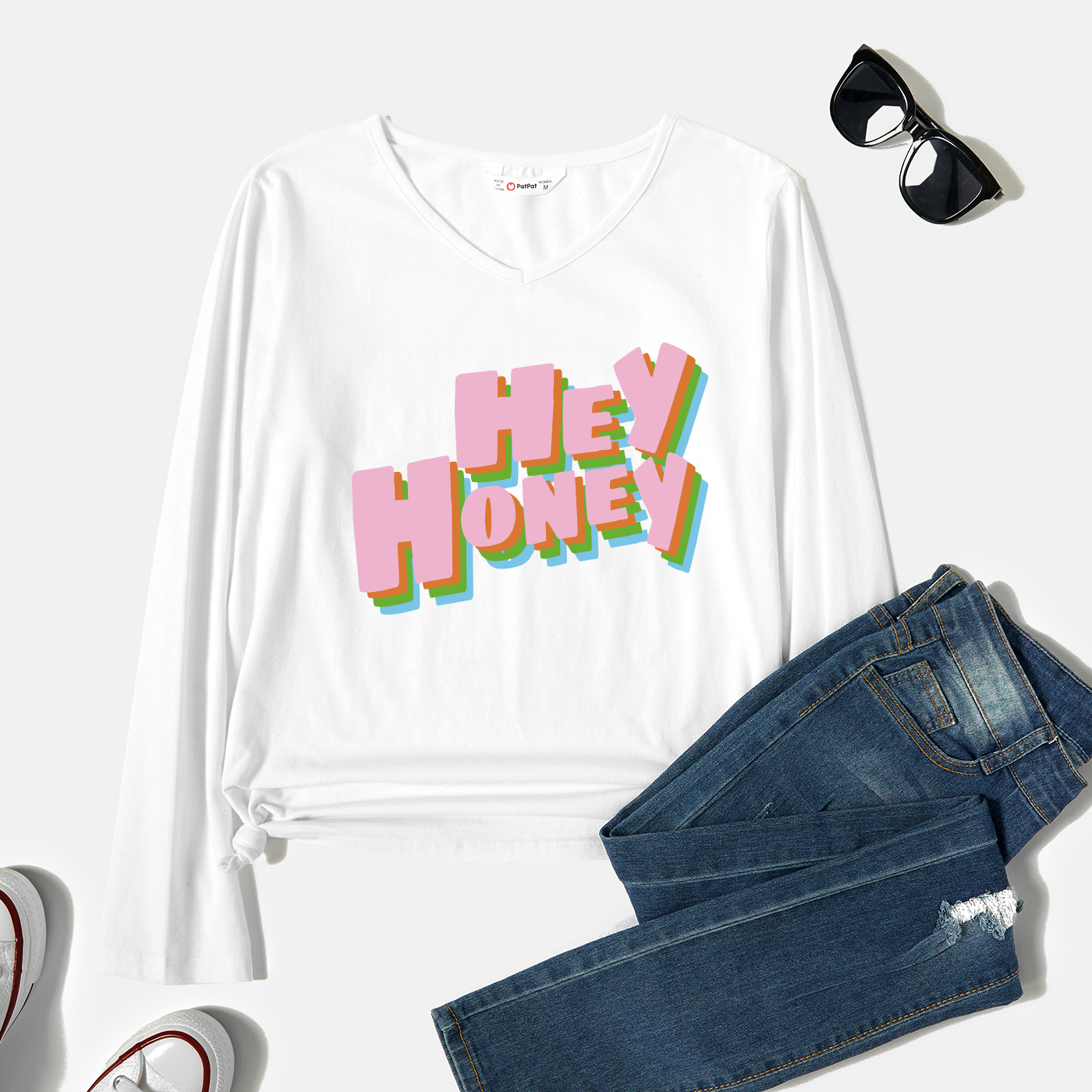 

Graphic White Long-sleeve V Neck Tee for Women