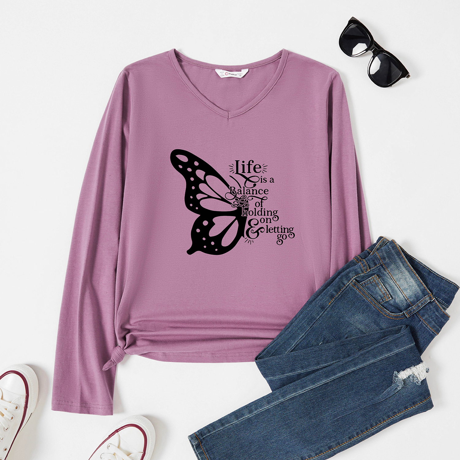 

Women Graphic Butterfly and Letter Print V Neck Long-sleeve Tee