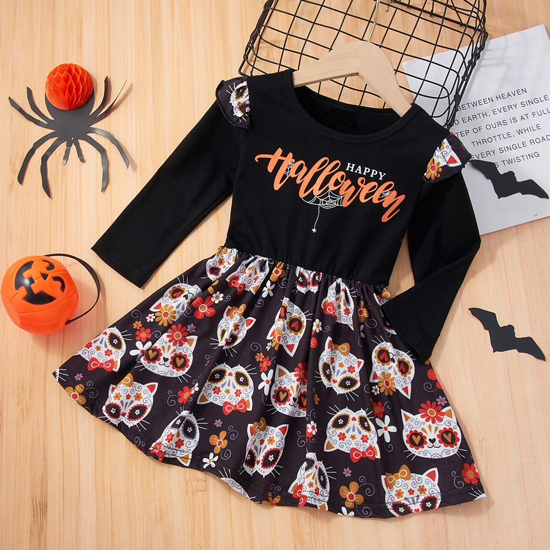 

Toddler Girl Halloween Letter Cat Print Long-sleeve A-line Dress
