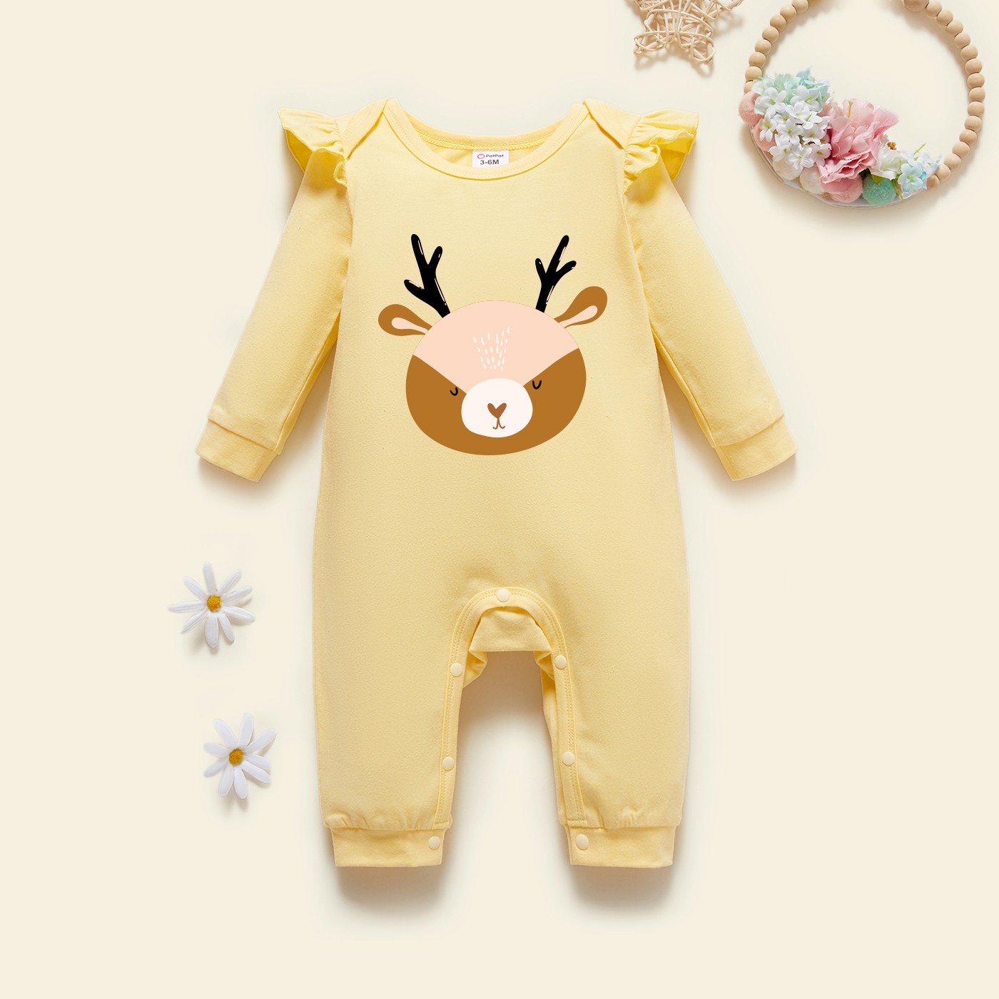

Baby Graphic Flutter-sleeve Beige Long-sleeve Jumpsuit