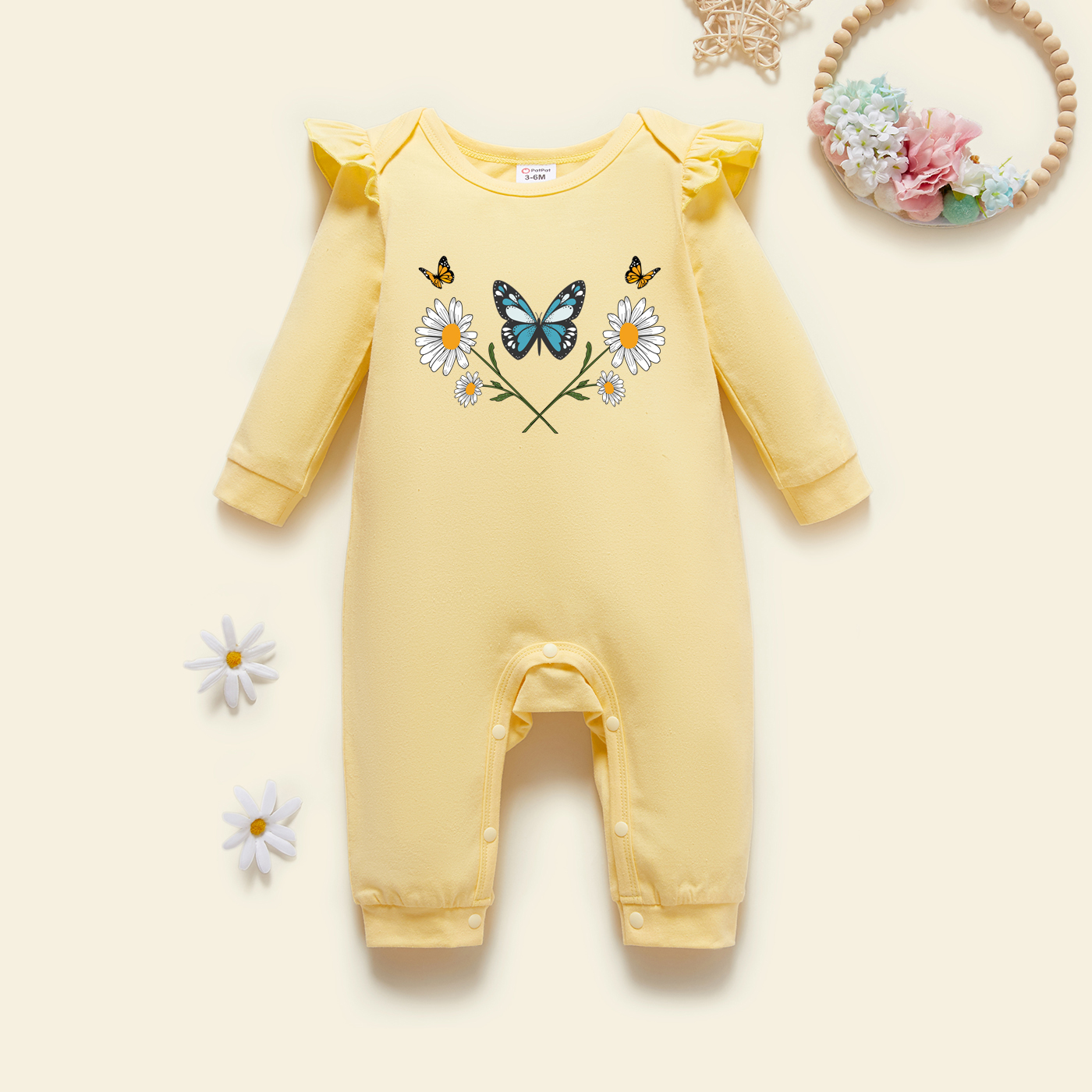

Baby Graphic Flutter-sleeve Beige Long-sleeve Jumpsuit