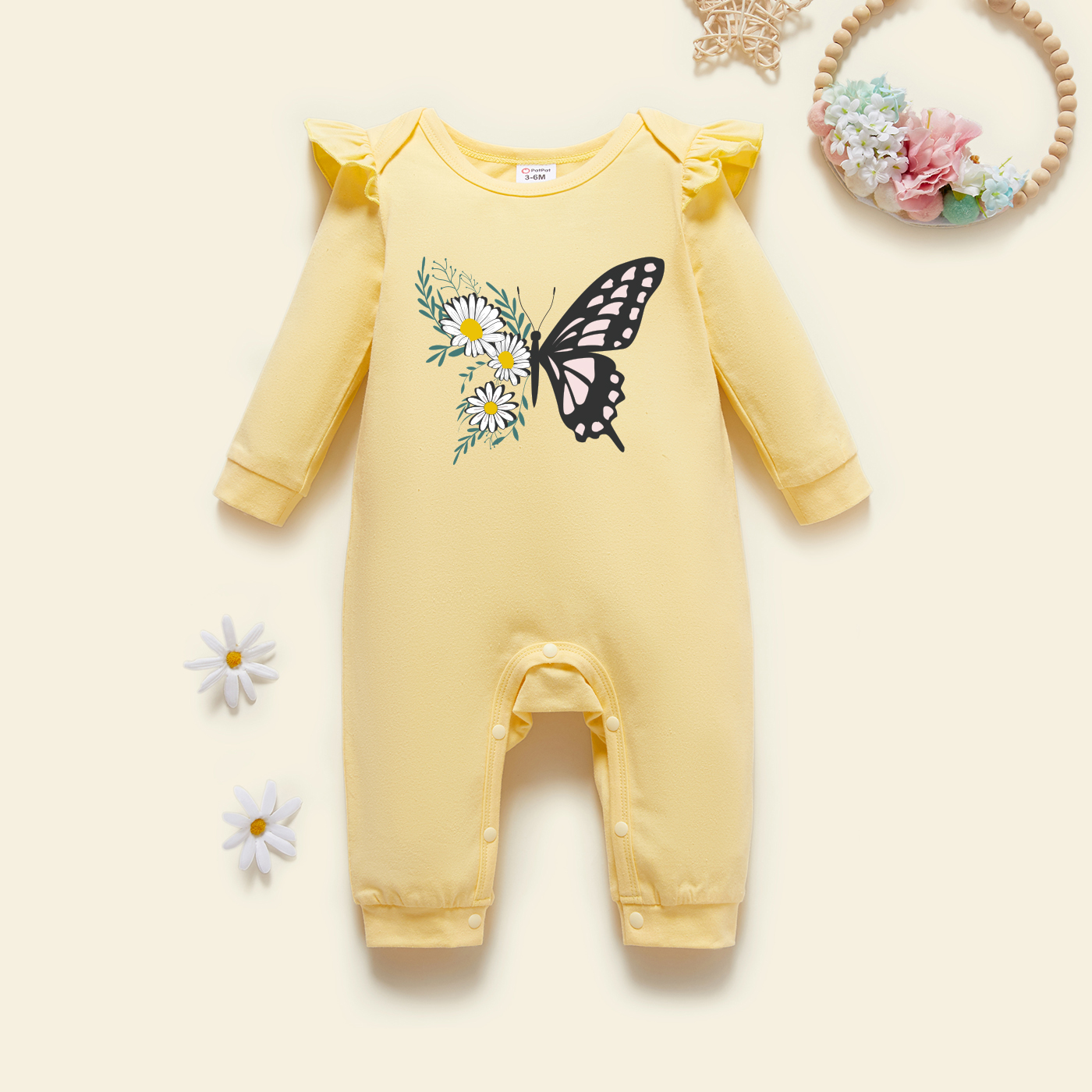 

Baby Girl Graphic Butterfly and Floral Print Ruffled Long-sleeve Jumpsuit