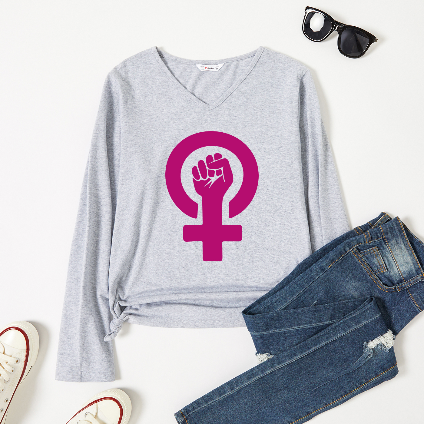 

Graphic Light gray Long-sleeve V Neck Tee for Women
