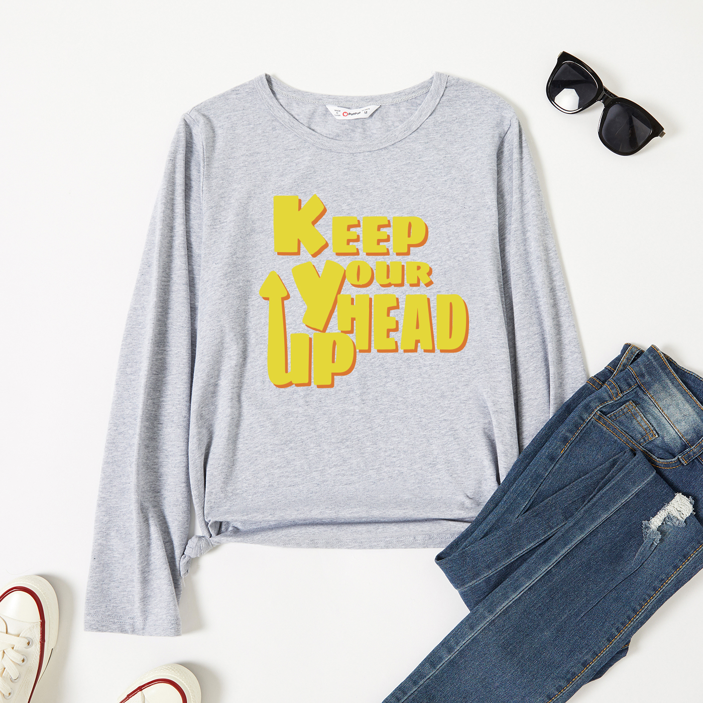 

Graphic Light gray Long-sleeve Round-collar Tee for Women