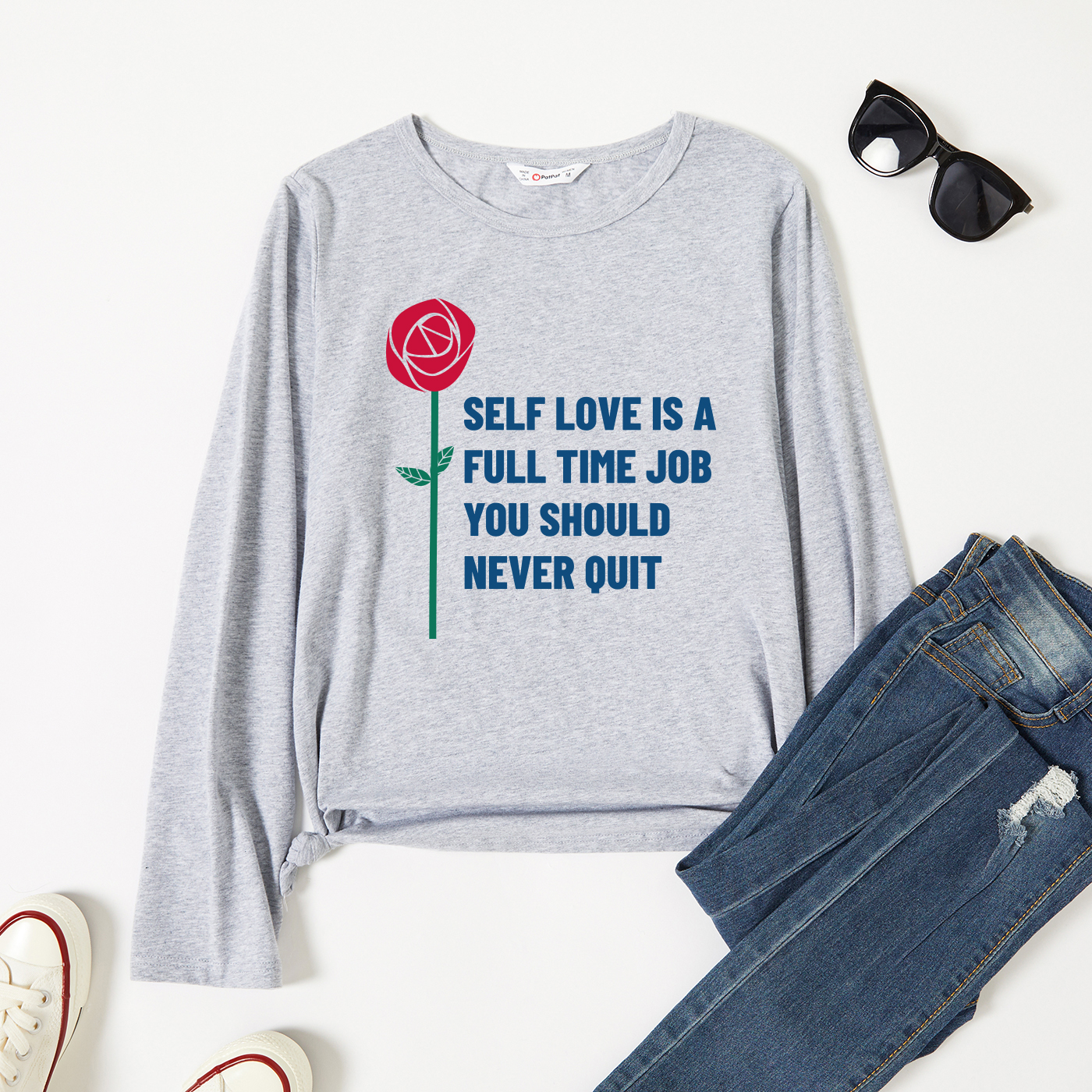 

Graphic Light gray Long-sleeve Round-collar Tee for Women