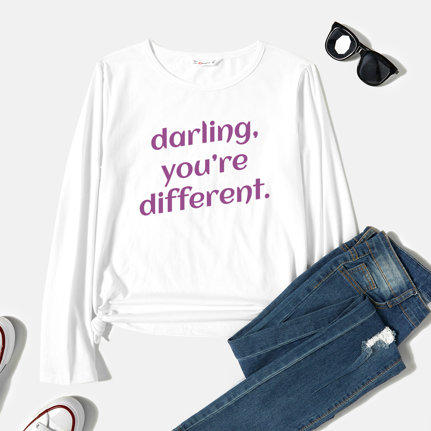 

Graphic White Long-sleeve Round-collar Tee for Women